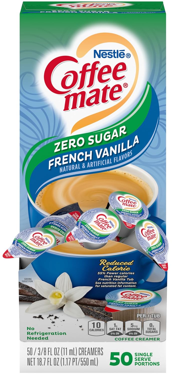 Nestle Coffee mate Coffee Creamer, Sugar Free French Vanilla, Liquid Creamer Singles, Non Dairy, No Refrigeration, Box of 50 Singles