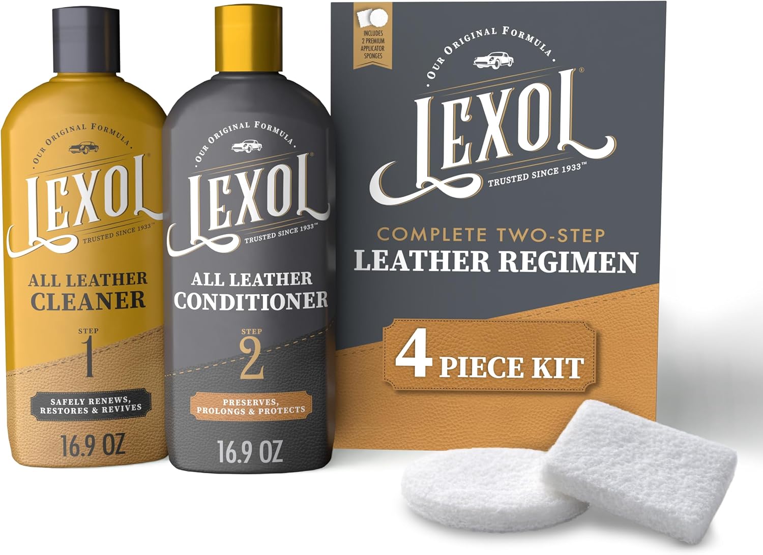 Lexol Leather Care Kit - Cleaner & Conditioner for Car, Furniture, Shoes, Bags & Accessories - 2-Step Regimen, 16.9 oz Bottles Plus 2 Sponges