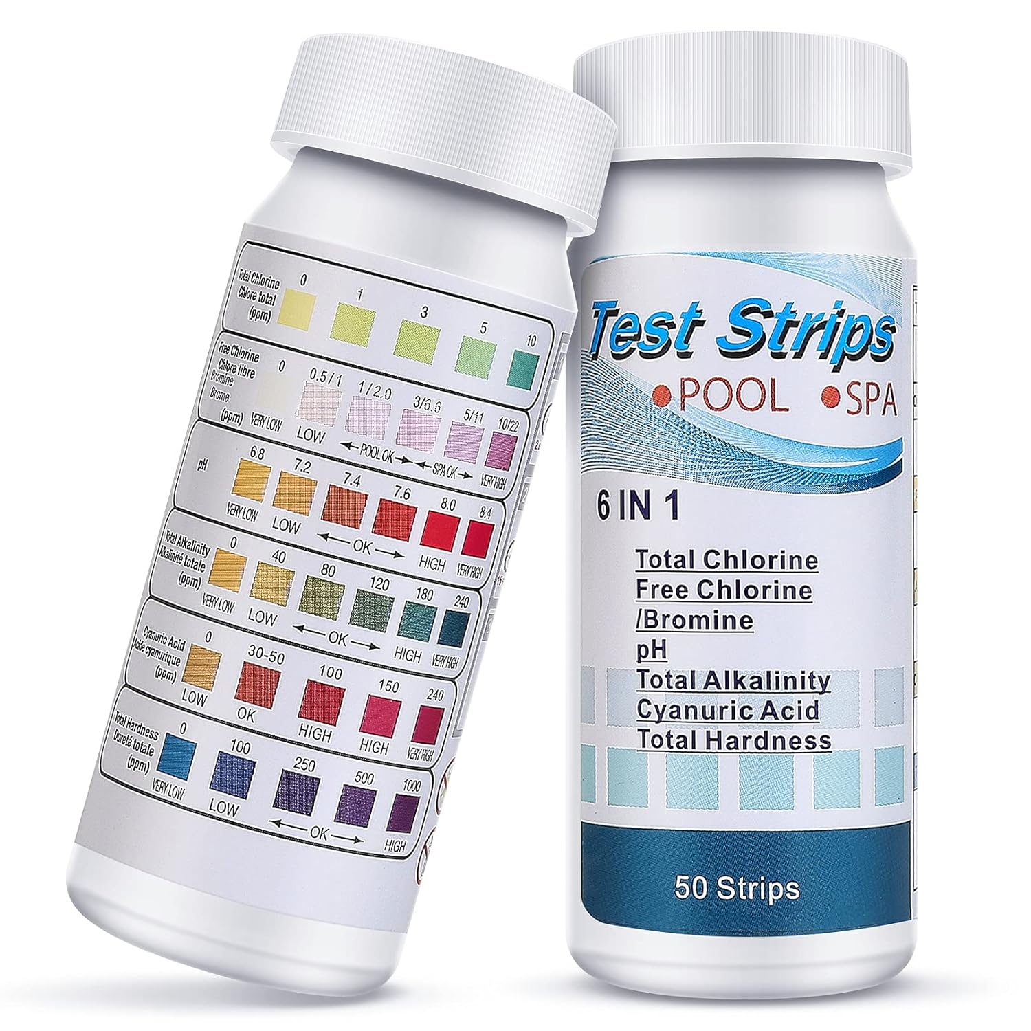 XULIN 100 Pcs Hot Tub PH Test Strips,6 in 1 Test Strips Kit-Swimming Pool Spa Chemicals Test Strips for Rapid Measurement of Residual Chlorine in Water PH Total Hardness Alkalinity for Hot Tubs