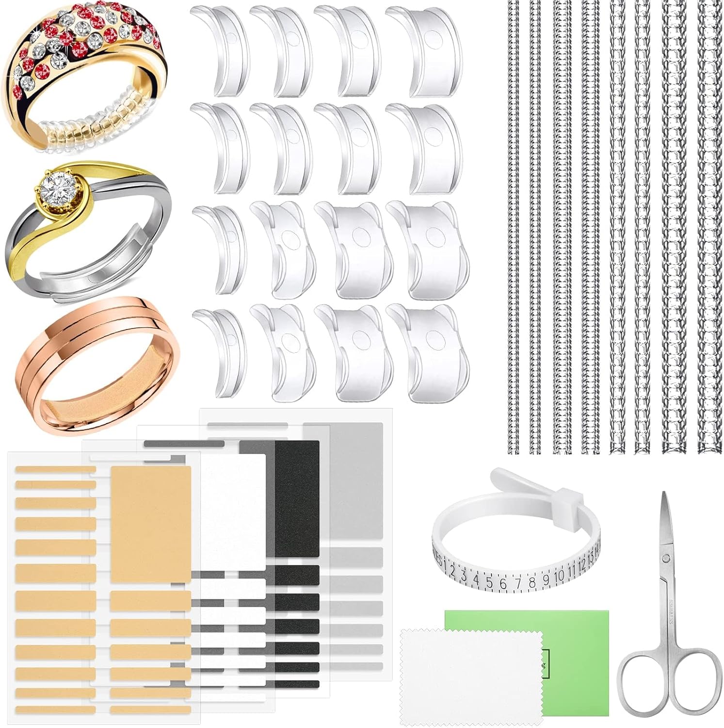 100 Pcs Ring Sizer Adjuster for Loose Rings with Ring Size Measuring Tool, Plug-in Invisible Ring Guards Silicone Tightener EVA Foam Ring Size Adjuster Set with Polishing Cloth
