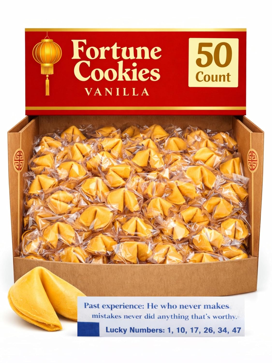 50 Individually Wrapped Vanilla Fortune Cookies with Lucky Numbers
