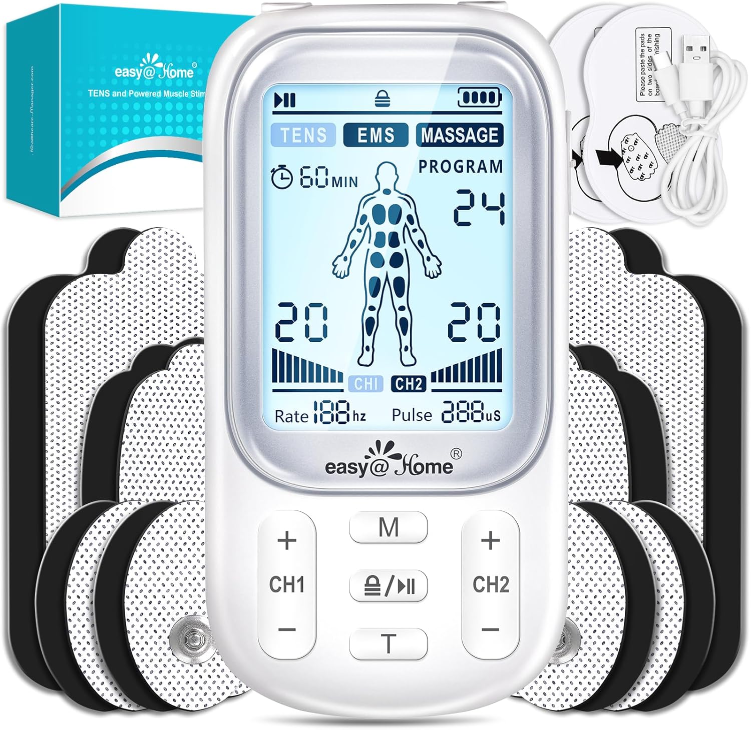 Easy@Home Tens Machine EMS: TENS Machine for Pain Relief EMS Muscle Stimulator for Back Pain | Back Massage Machine for Pain | Arthritis Pain Relief | Dual Channel 24 Modes 16 Pads Replacements