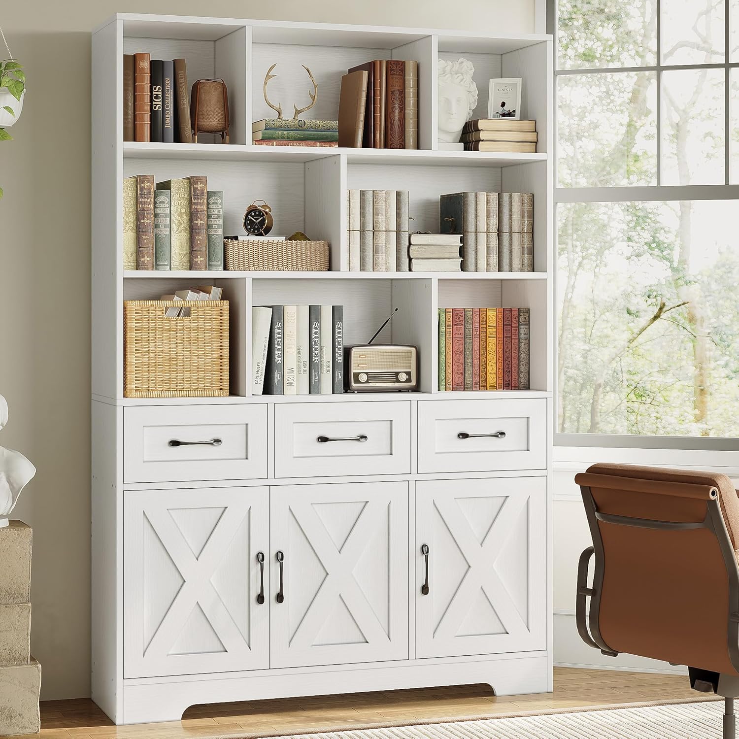 IRONCK Bookshelf with 3 Drawers, 6 Tier Bookcase with Doors, 71" Tall Bookshelf with Storage, Triple Wide Bookshelves with Cabinet for Home Office, Living Room, White