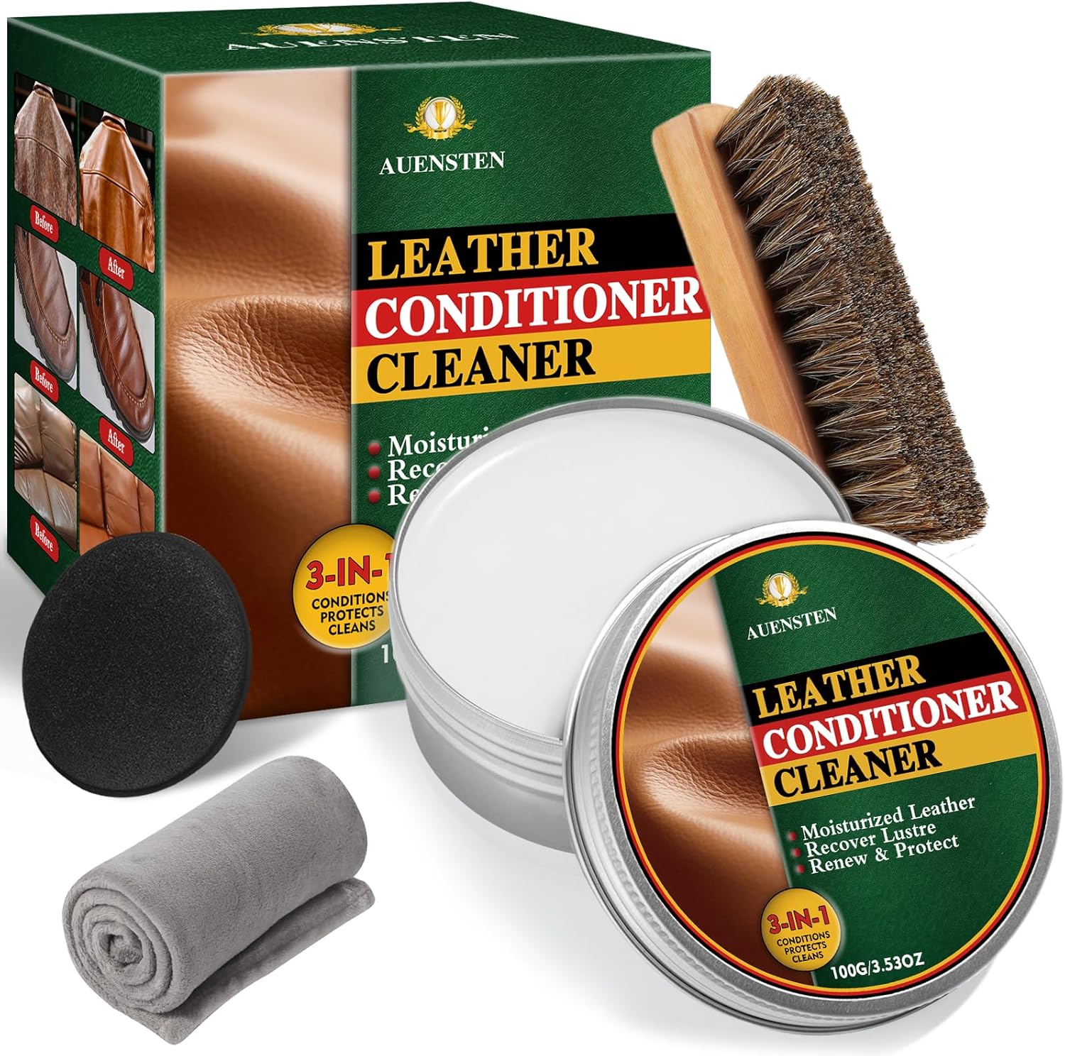 Auensten Mink Oil Leather Conditioner, Cleaner & Softener, 3.53 Oz, Compatible with Leather, Includes Conditioner & Sponge Applicator, Ideal for Boots, Shoes, Purses, Bags, Furniture