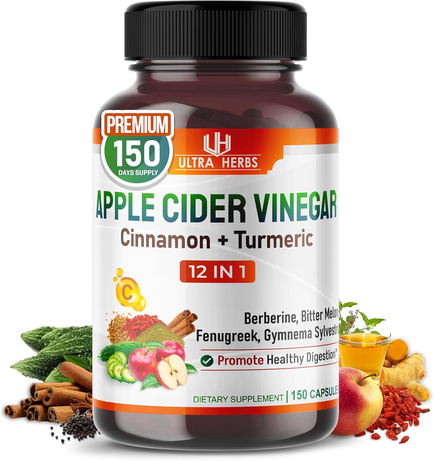 Organic Apple Cider Vinegar Capsules Enhanced with Cinnamon, Turmeric - Ultra Supplement for Digestive, Circulatory, Immunity Support | 150 Capsules