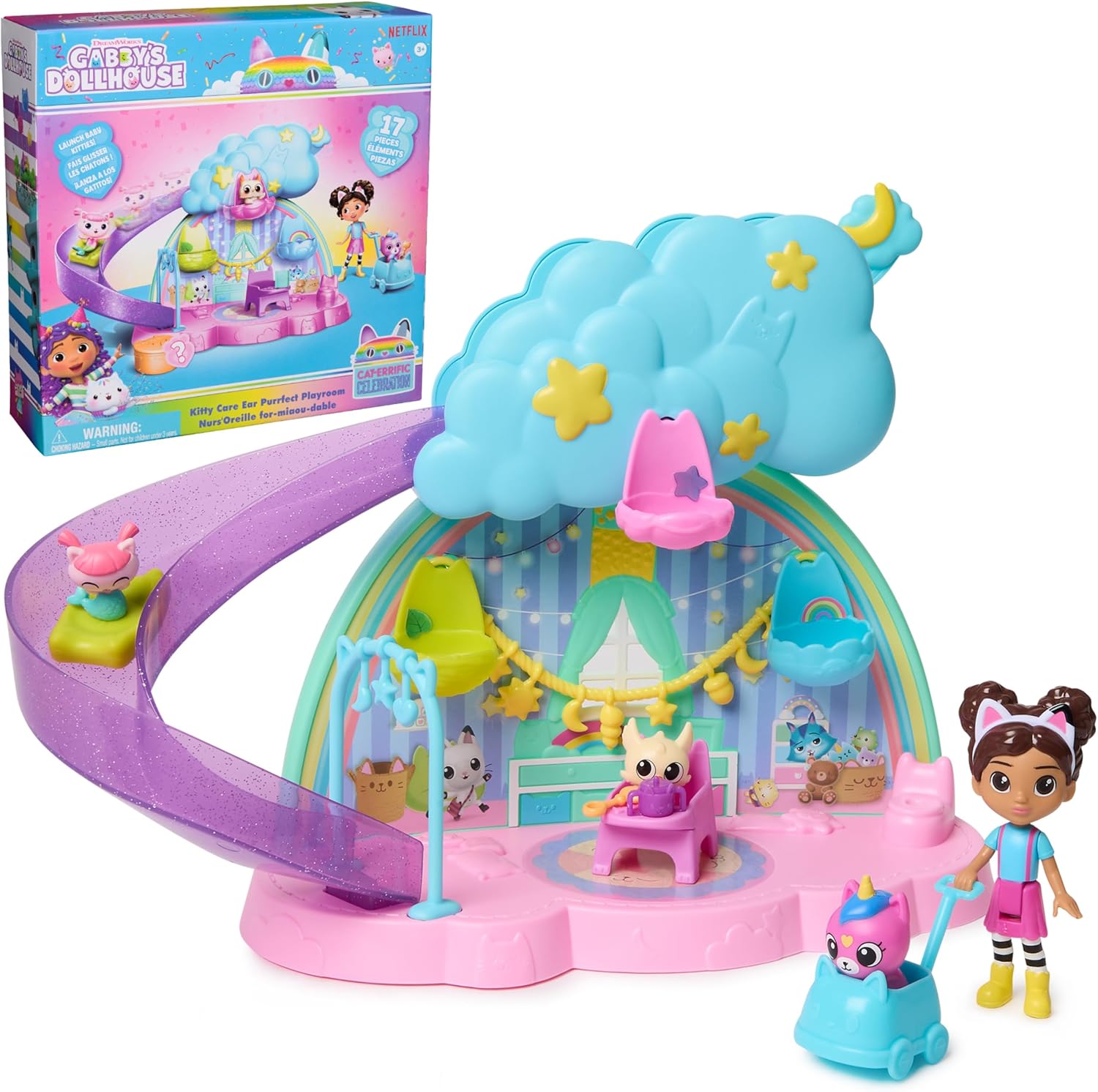 Gabby's Dollhouse Kitty Care Ear Purrfect Playroom – 17-Piece Playset with 4 Toy Figures, Dollhouse Furniture, Doll Accessories & Baby Doll Stuff for Kids Ages 3+