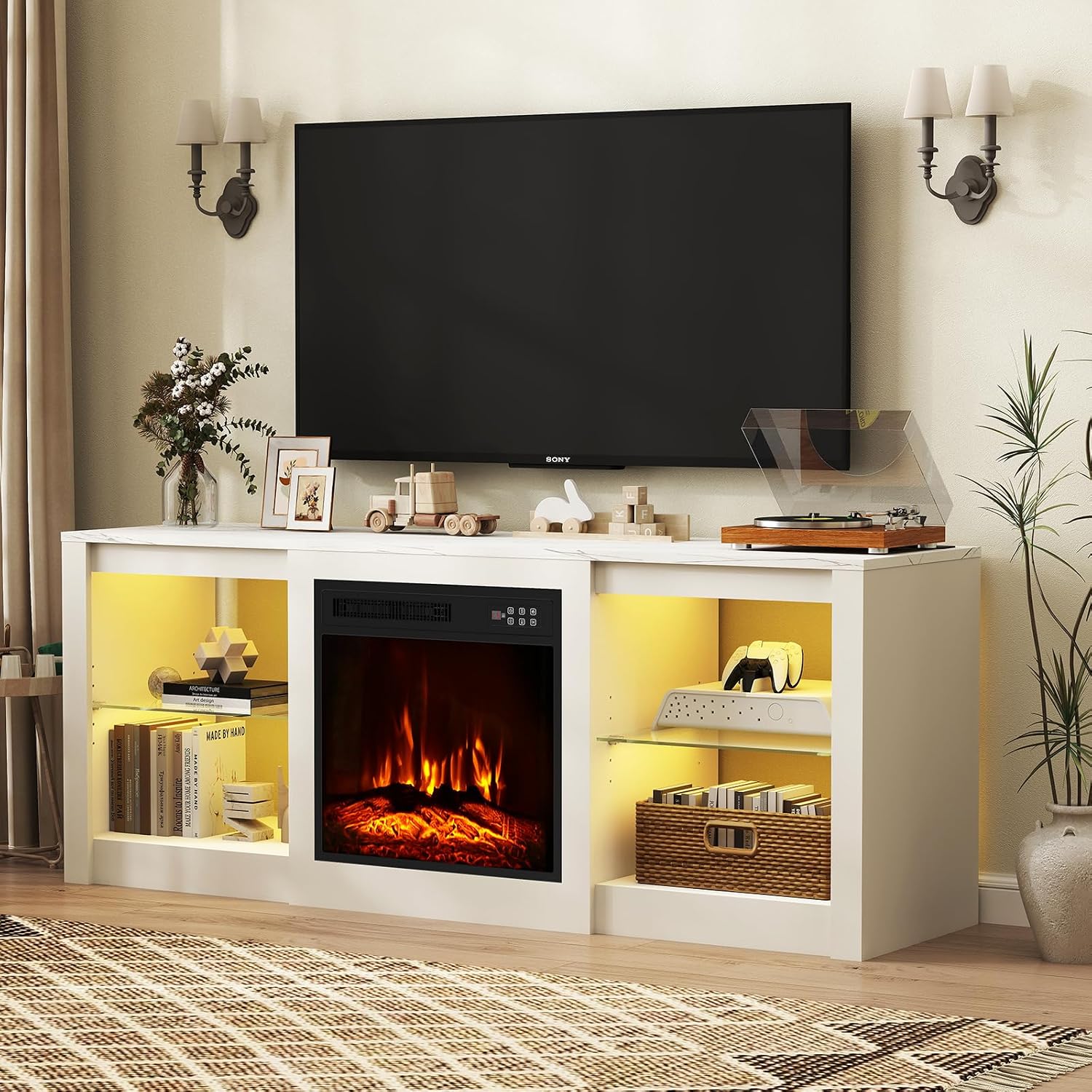 Fireplace TV Stand for TVs Up to 65", 58" Entertainment Center Console Table with 18" Electric Fireplace/LED Light/Power Outlet/Adjustable Shelves/Faux Marble Top for Living Room, White