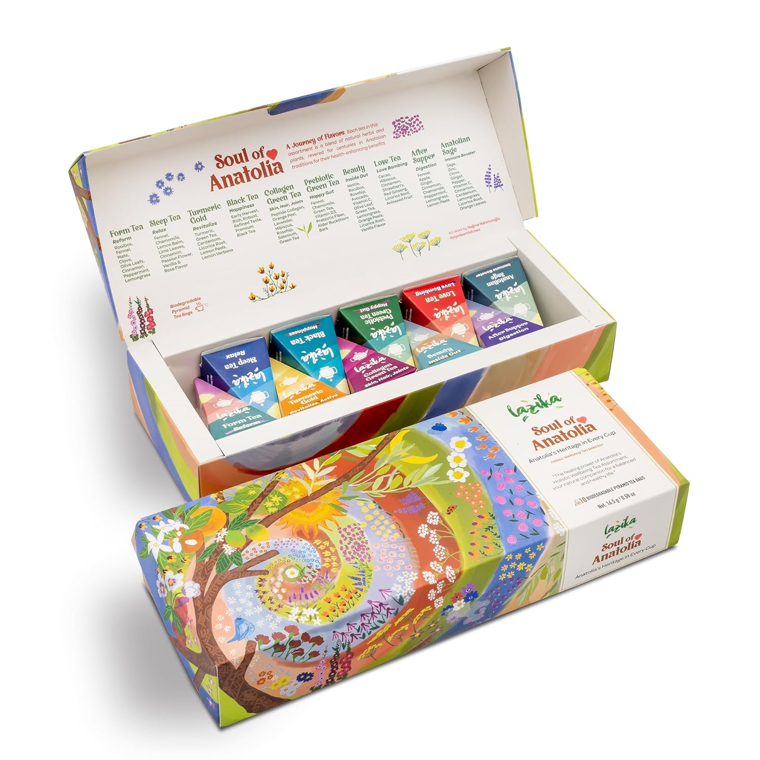 Lazika Tea Sampler with Lovely Presentation Box, 10 Counts, 2 of Each Blend Individually Wrapped, Black, Green and Herbal Tea Variety Gift Set, Premium Collection with Pyramid Infuser Bag, Handcrafted