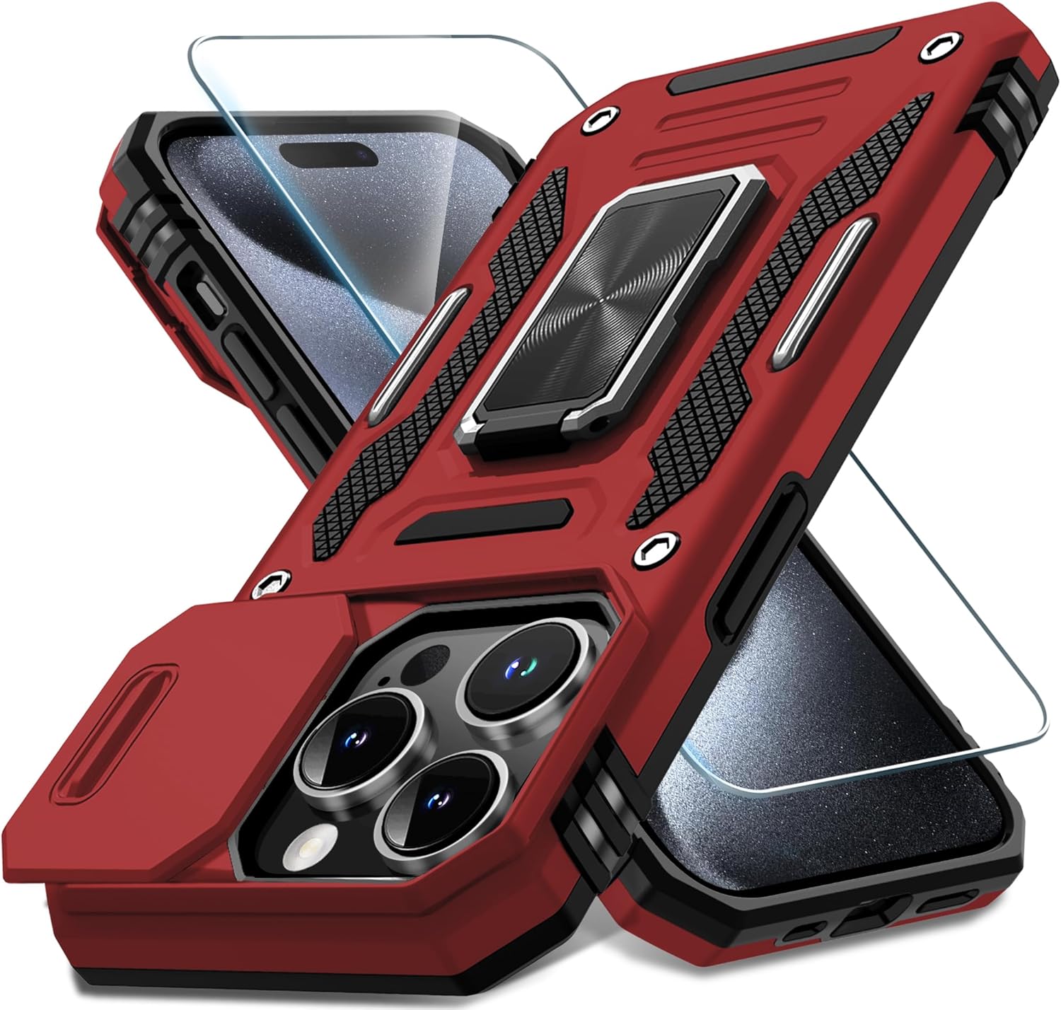DEERLAMN Case for iPhone 15 Pro Max with Slide Camera Cover+Screen Protector(1 Pack), Rotated Ring Kickstand Military Grade Shockproof Protective Cover 6.7 Inch-Red