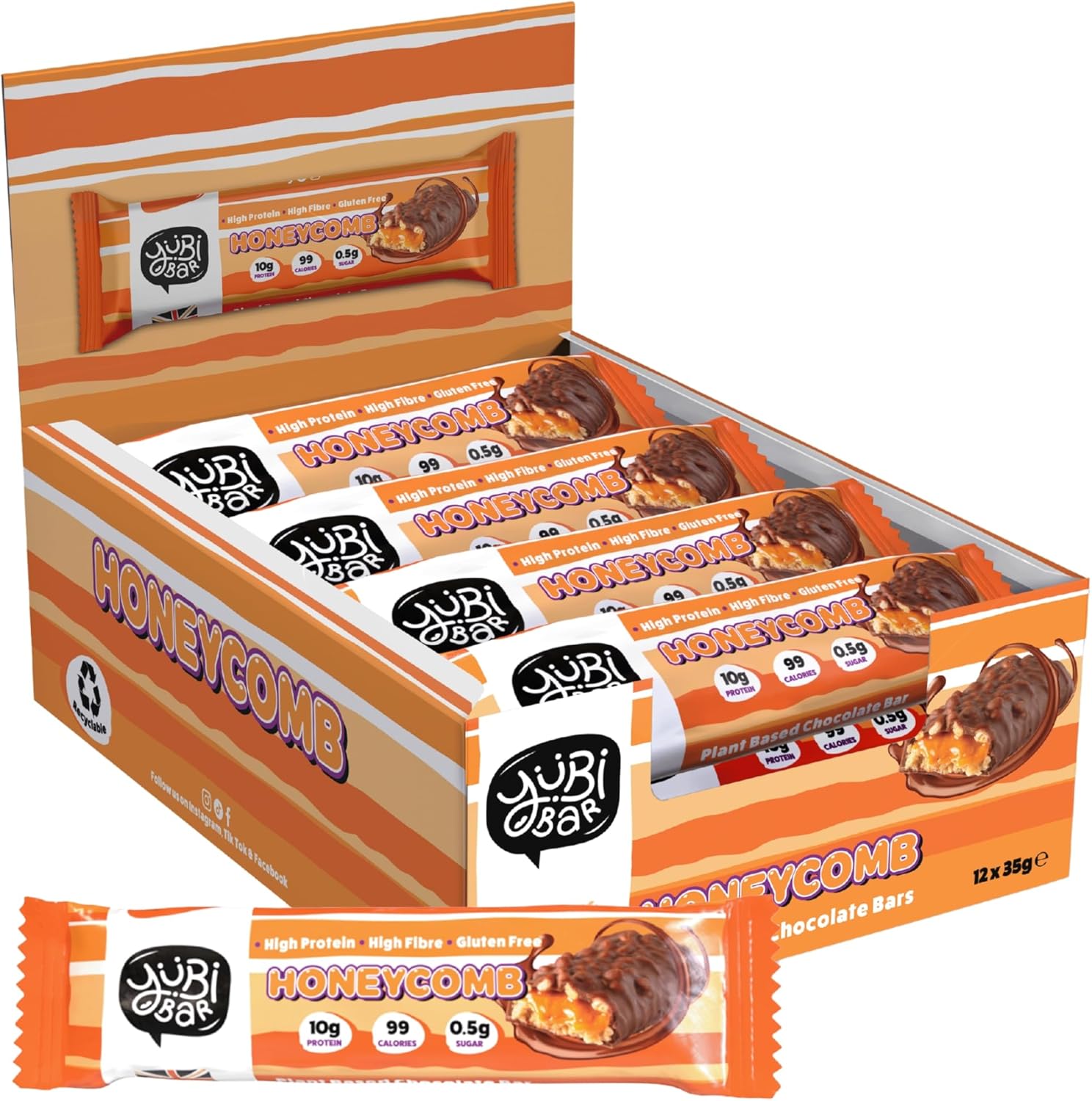 Yubi Honeycomb - 12 Pack - Protein Bars - 99 Calories, High Protein, High Fibre, Low Sugar, Gluten Free and Dairy Free - Healthy Snacks/Nutrition Bar - Chocolate Bars - 420g