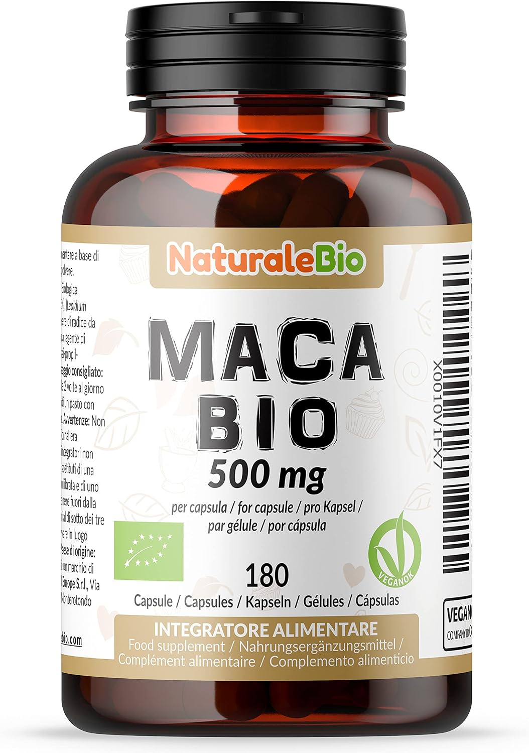 NaturaleBio Organic Maca Capsules, 500mg - 180 Capsules. Gelatinised, Natural and Pure, from Organic Peruvian Maca Root. Vegetarian and Vegan Friendly.