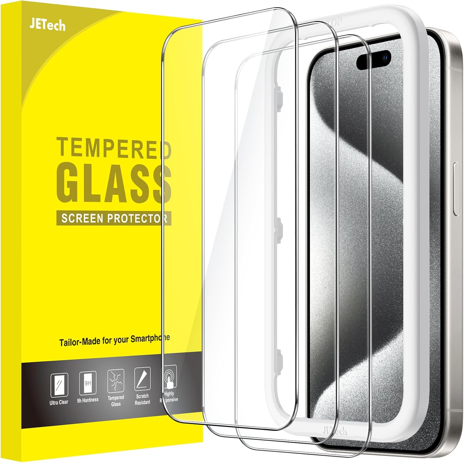JETech Screen Protector for iPhone 15 Pro 6.1-Inch, Tempered Glass Film with Easy Installation Tool, Case-Friendly, HD Clear, 3-Pack