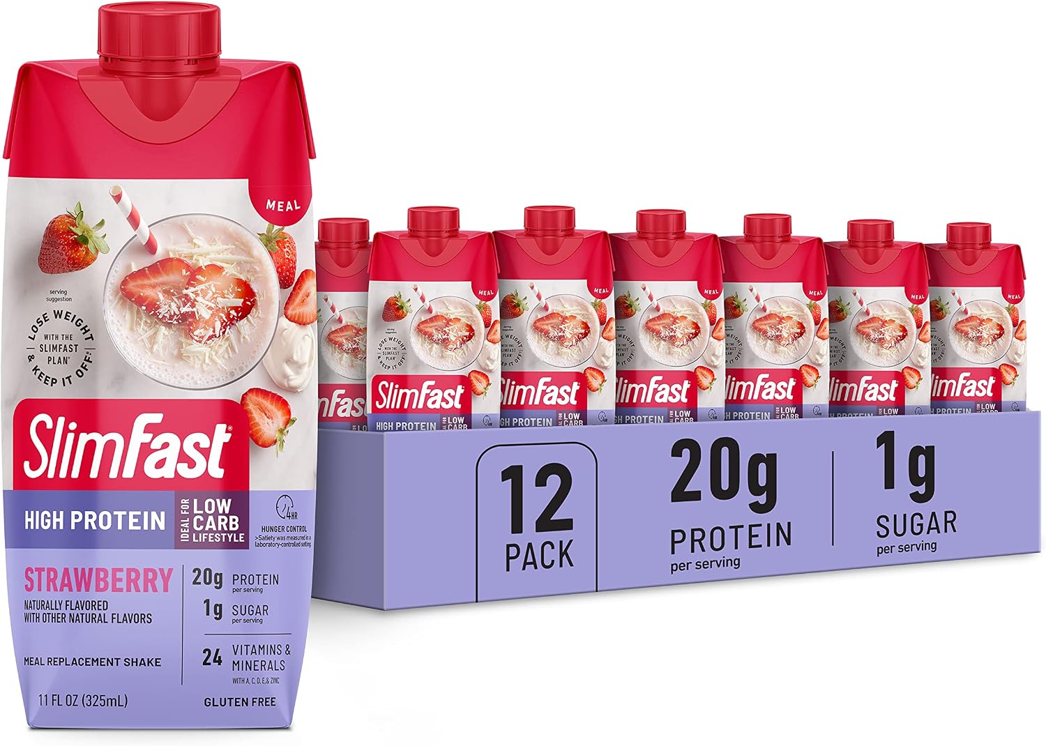 SlimFast Protein Shake, Strawberry- 20g Protein, Meal Replacement Shake Ready to Drink, High Protein with Low Carb and Low Sugar, 24 Vitamins and Minerals, 11 Fl Oz (Pack of 12)
