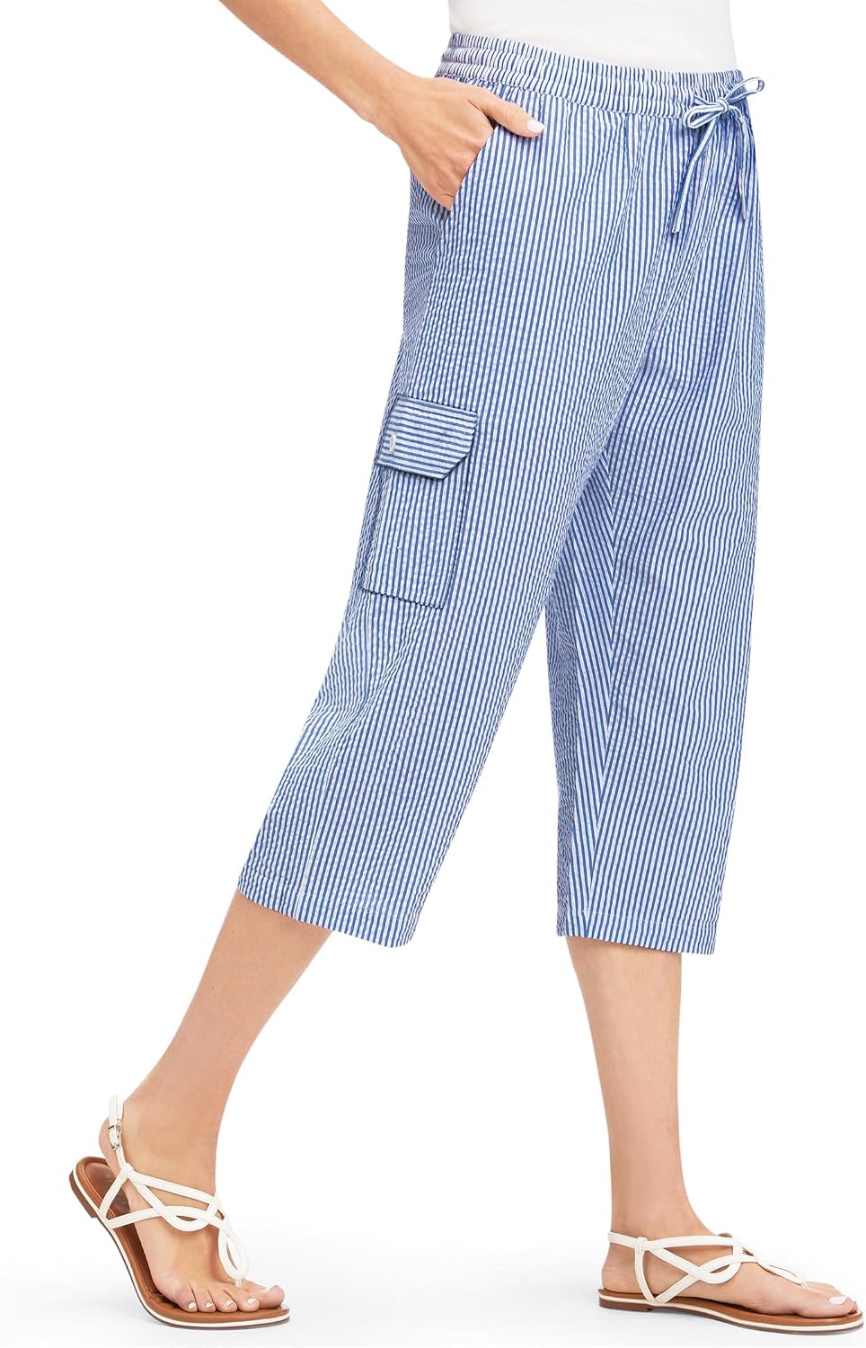 Collections Etc Striped Seersucker Drawstring Cargo Pocket Capri Pants