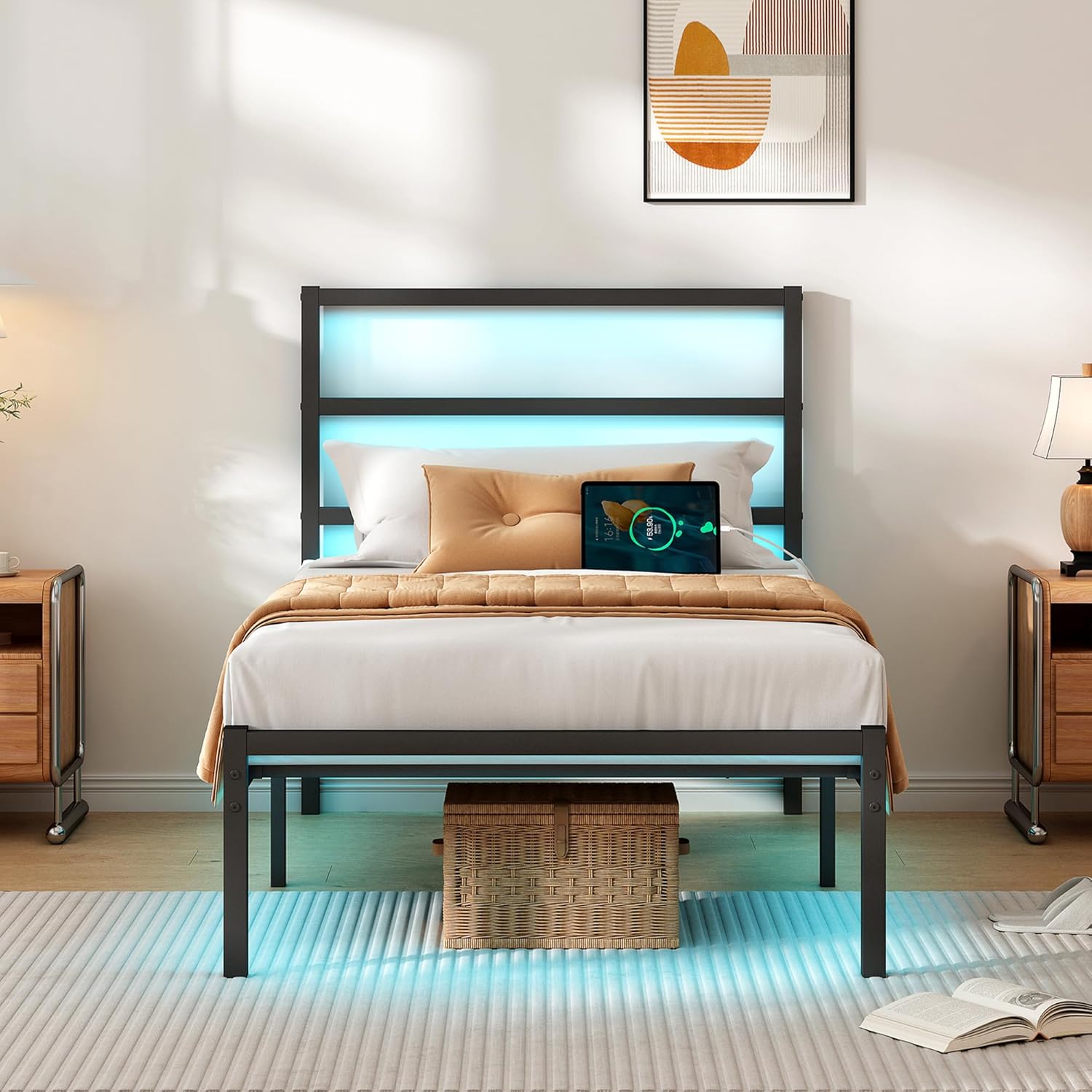 Twin Bed Frame with Headboard,Heavy Duty Steel Slats Support-LED Bed Frame with USB Charging Station,Mattress Foundation-Under Bed Storage,No Box Spring Needed,Noise Free，Black