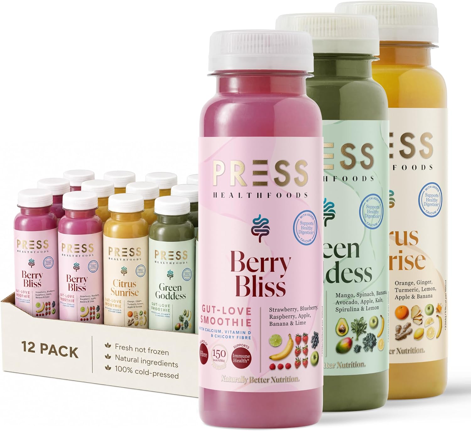 PRESS Healthfoods Award Winning Smoothie Bundle 12 x 250ml | Cold Pressed Vegan Smoothie Bundle Full of Vitamins | No Added Sugar, No Preservatives | Berry Bliss, Green Goddess & Citrus Sunrise