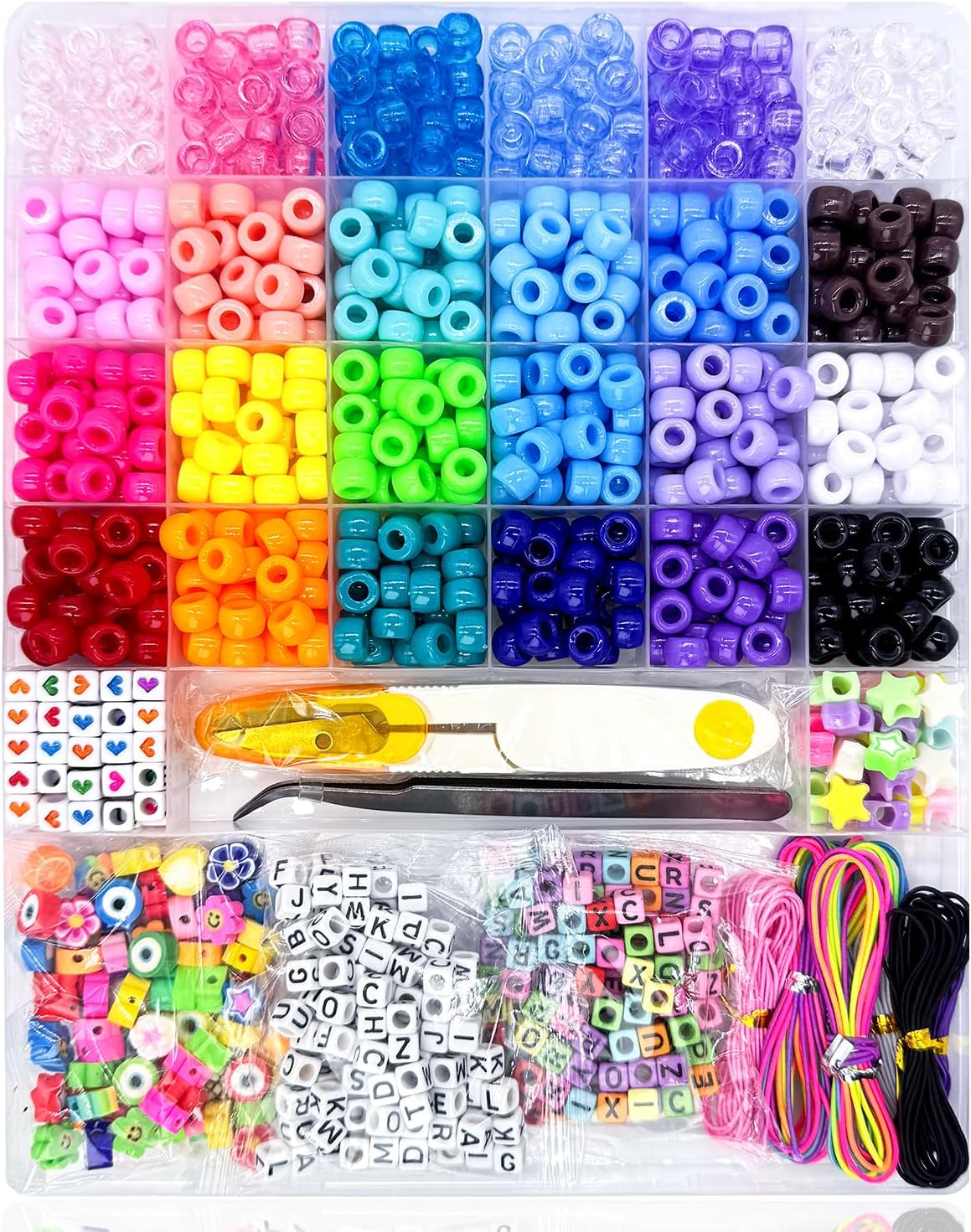 900 Pony Beads, 200 Letter Beads Jewelry, 60 Colorful Clay Bead, Kandi Bracelet Making Kit for Girls, 30 M Elastic Rope, Scissors Tweezers, DIY Crafts Necklace Make Party Gifts