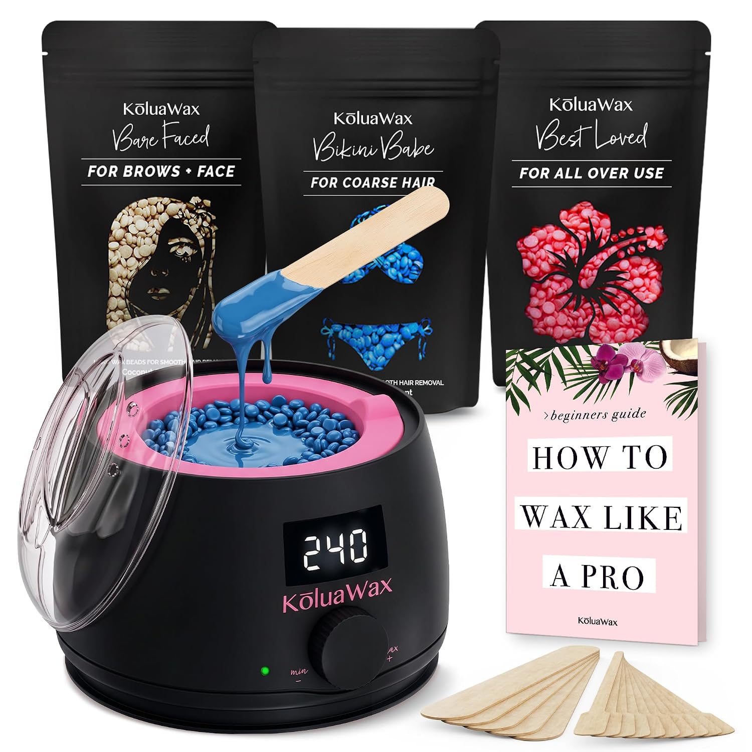 KoluaWax Waxing Kit Hair Removal For Men & Women Beginner Friendly - Black
