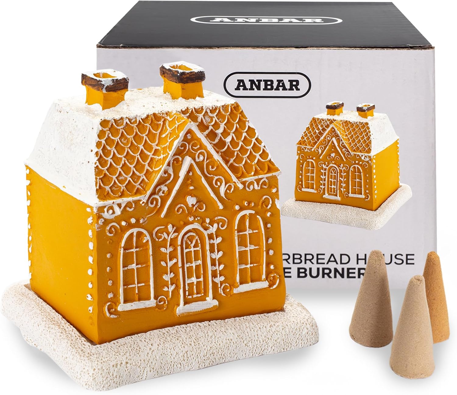 Anbar Backflow Incense Cone Burner Log Cabin, Gingerbread House, Christmas, Fall, Winter, Seasonal, and Holiday Home Decor, Decorative Living Room, Bedroom, or Kitchen Ornament (Gingerbread House)