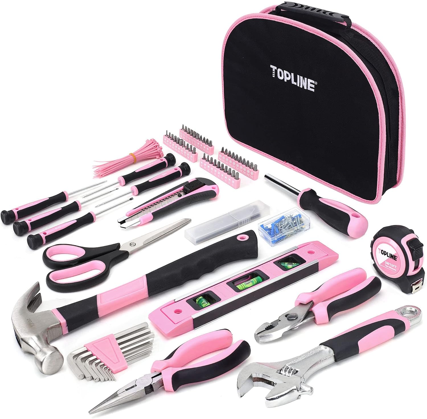 TOPLINE 208-Piece Pink Tool Kits for Women with Round Pouch | Small Tools Kit for Apartment, Home, Pink Tool Set, Ladies Tool Kit for Best Gifts and Home Maintenance