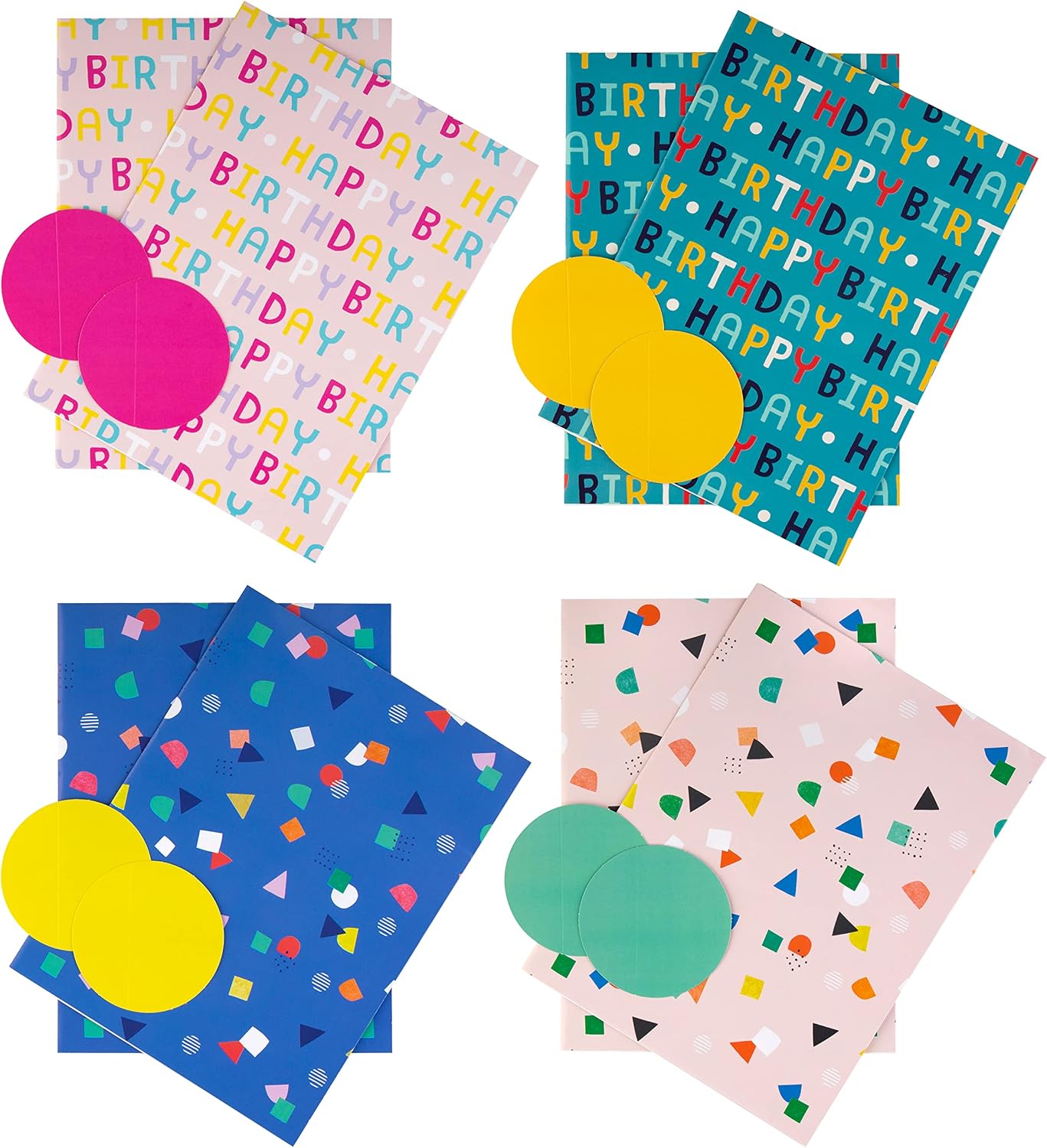 Hallmark Birthday Wrapping Paper and Gift Tag Pack Bundle - 8 Sheets and 8 Tags in 4 Designs