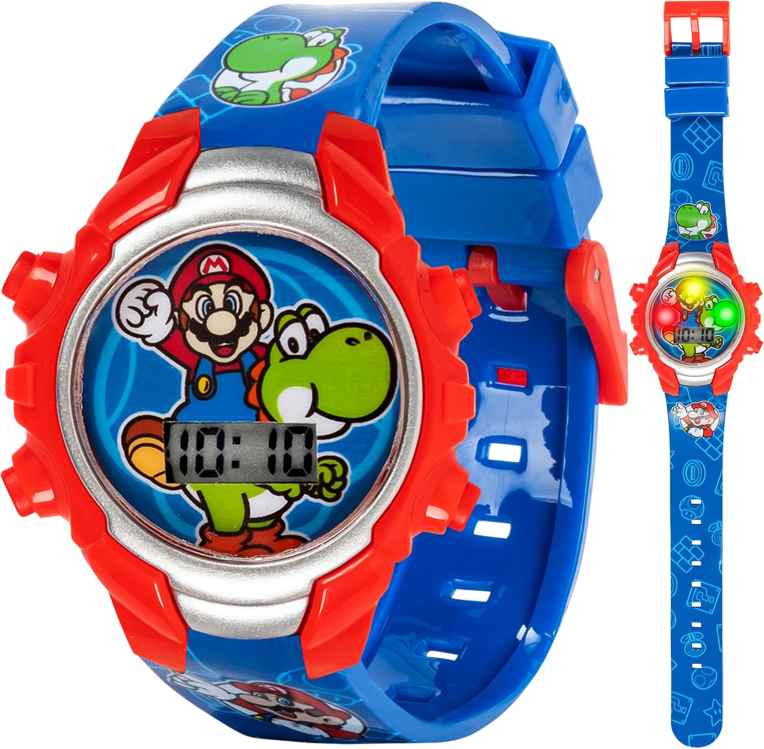 Super Mario Kids Digital Watch with Yoshi, LED Light Show, Soft Silicone Strap, Durable Kid-Friendly Design, Fun Time-Telling for Boys and Girls