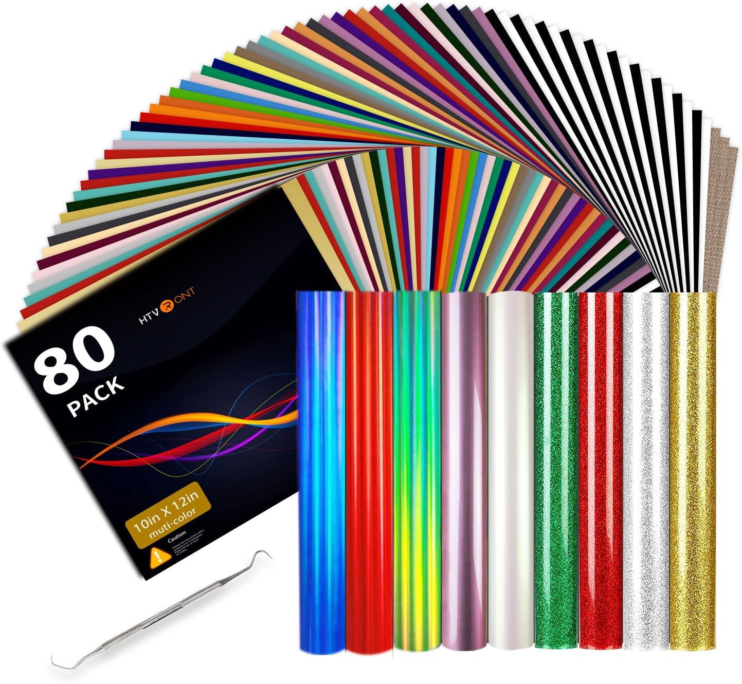 HTVRONT HTV Heat Transfer Vinyl Bundle: 80 Pack 12" x 10" Iron on Vinyl for T-Shirt, 39 Assorted Colors with Vinyl Accessories Tweezers for Silhouette Cameo or Heat Press Machine