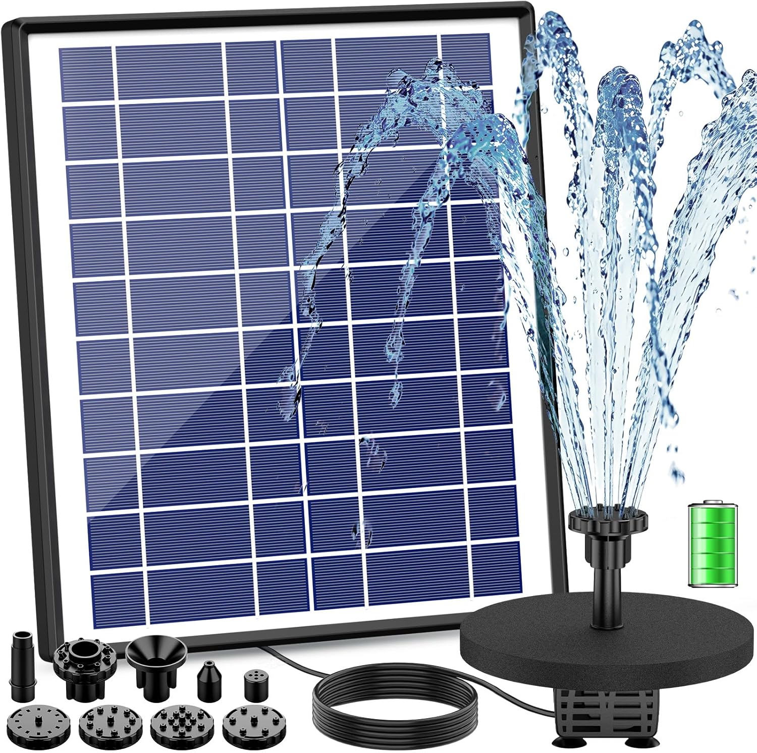 AISITIN 6.5W Solar Fountain with 1500mAh Battery Backup, 16.4ft Ultra-Long Cord Solar Water Pump for Bird Bath, Anti-Clogging Floating Solar Powered Pump with 10 Nozzles for Pond, Garden and Fish Tank