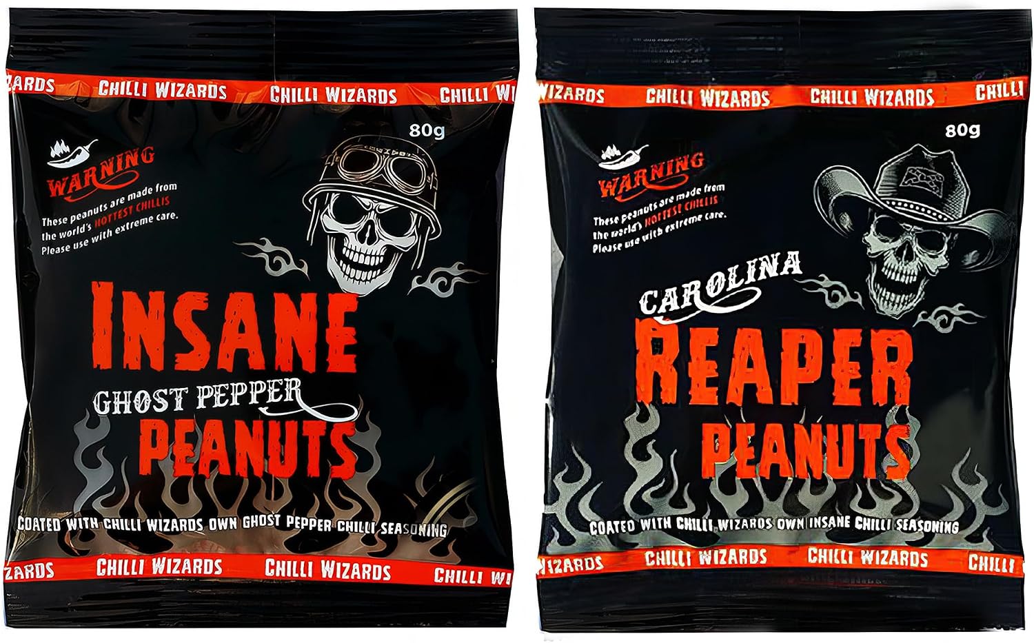 Chilli Wizards Carolina Reaper and Ghost Chilli Peanuts 2 Pack Nuts Spicy Snack Protein Crunch 80g Each Packet