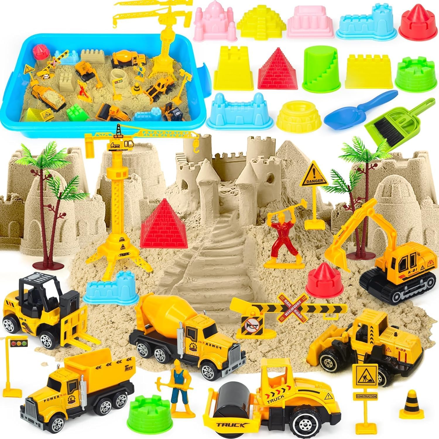 Sensory Bin, Alloy Construction Trucks Play Sand Art Kits with 2.2lbs Magic Sand, Molds, Shovel, 6Pcs Construction Vehicles, Crane- Great Sensory Sandbox Toys for Kids Toddlers Age 3-8