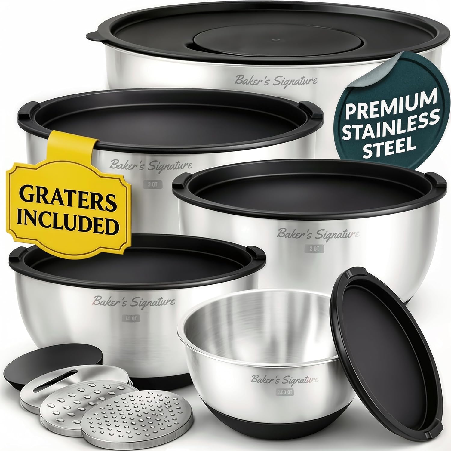 Baker's Signature Stainless Steel Mixing Bowls with Lids Set, 5 Sizes | 3 Graters, Non-Slip Base, Airtight Metal for Kitchen, Food Prep, Storage, 0.63QT-5QT, Black
