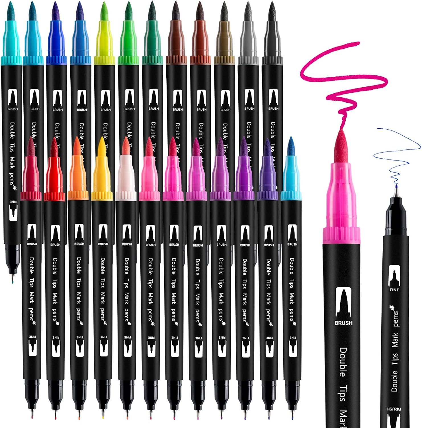 24 Colours Colouring Pens, Dual Tip Marker Pens Washable Brush Tip Felt Tip PensWater-Based Markers for Adult and Kids Colouring Drawing Sketching Journaling Calligraphy DIY