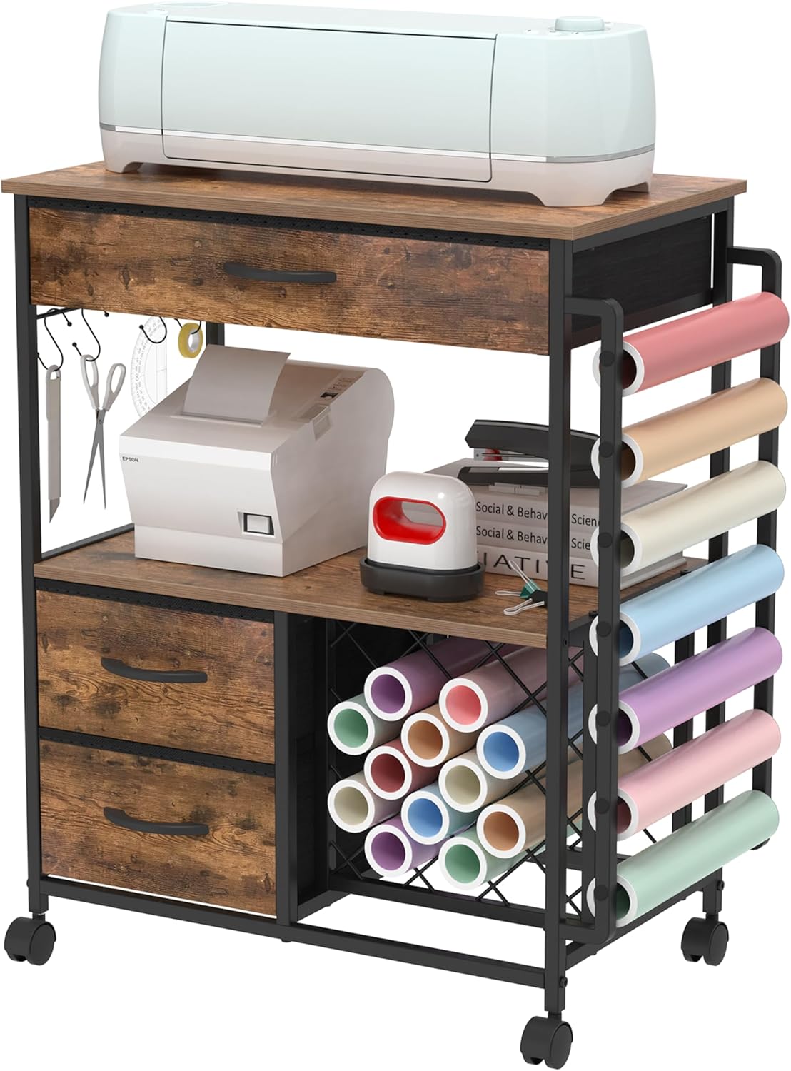 Storage Cart Compatible with Cricut Machines Stand Cutting Machine Stand with Drawers and Vinyl Roll Holder Rolling Craft Cabinet Table for Cricut Craft Workstation (Rustic Brown)