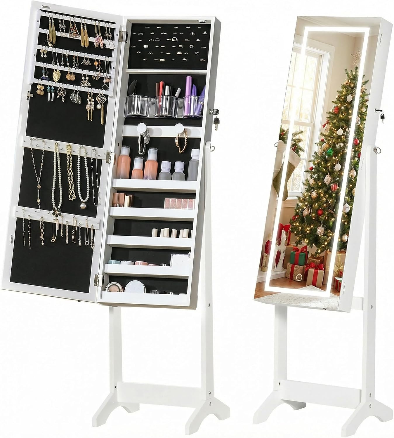 HOMCOM Jewellery Cabinet with LED Light Full-Length Mirror Lockable White