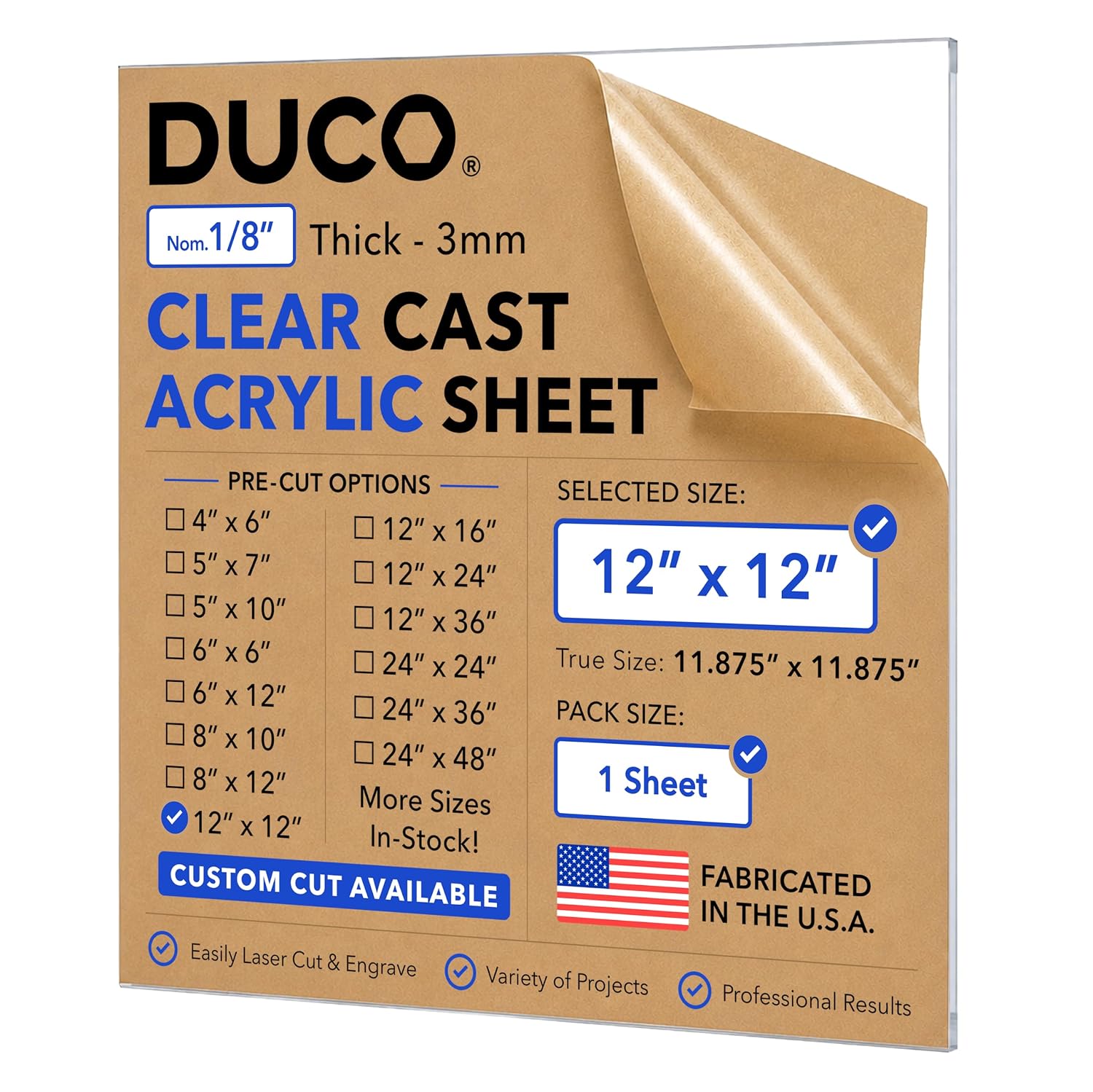 Duco 1/8" Clear Cast Acrylic Sheet, 12"x12" Plexiglass Sheet, 1 Pack