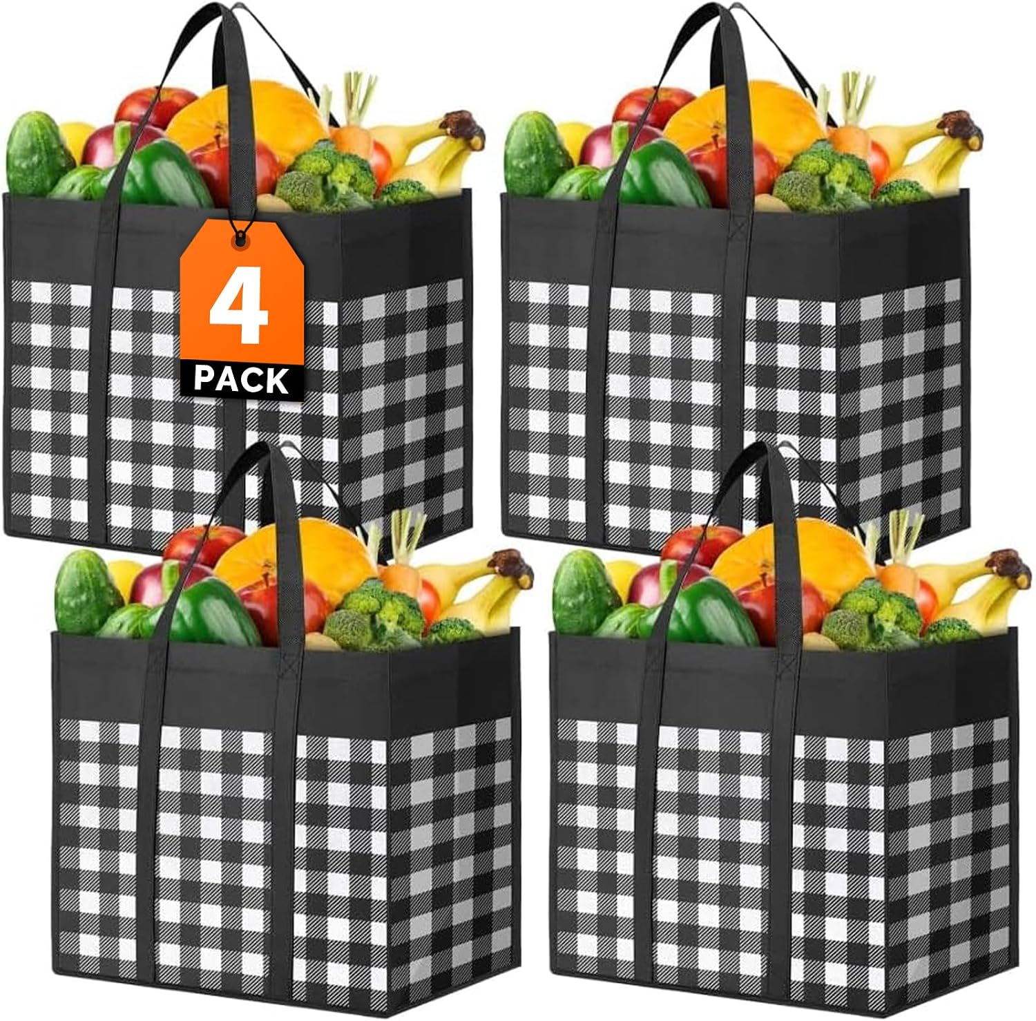 WOWBOX Reusable Grocery Bags,4-Pack, Foldable Reusable Shopping Tote Bags bulk with Reinforced Handles,Large Storage Bags with Water Resistant Coating for Groceries,Multipurpose,Black-White