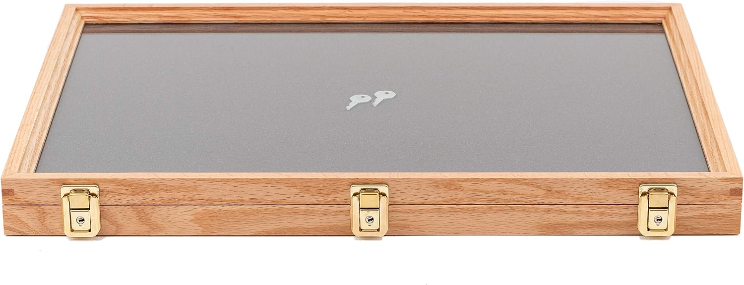 Two Timbers Extra Large Display Case with Oak Finish Handmade Wood Box with Glass Top, Arrowheads, Knives, Rocks, Pins, Collectibles, Collections, Medals, Military Coins 4h, Memory Box Keepsakes