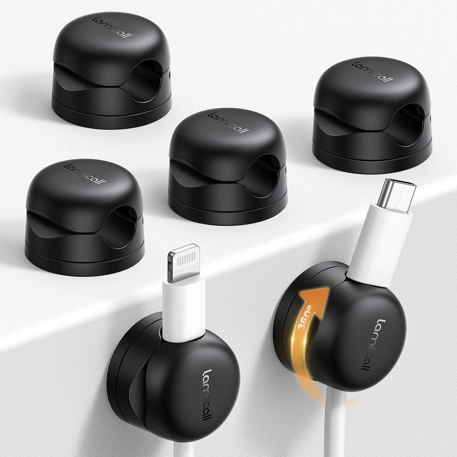 Lamicall [360° Rotatable] Spring Cable Holder Clips - 6 Pack Cord Management, [1s Lock] Wire Holder Organiser, No-residue Desk Tidy, Phone Charging Cable Keeper for Car, Office, Home - Black (8mm)