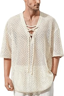 Verdusa Men's Hollow Out Lace Up V Neck Half Sleeve Shirt Vacation Hipple Knitted Tops