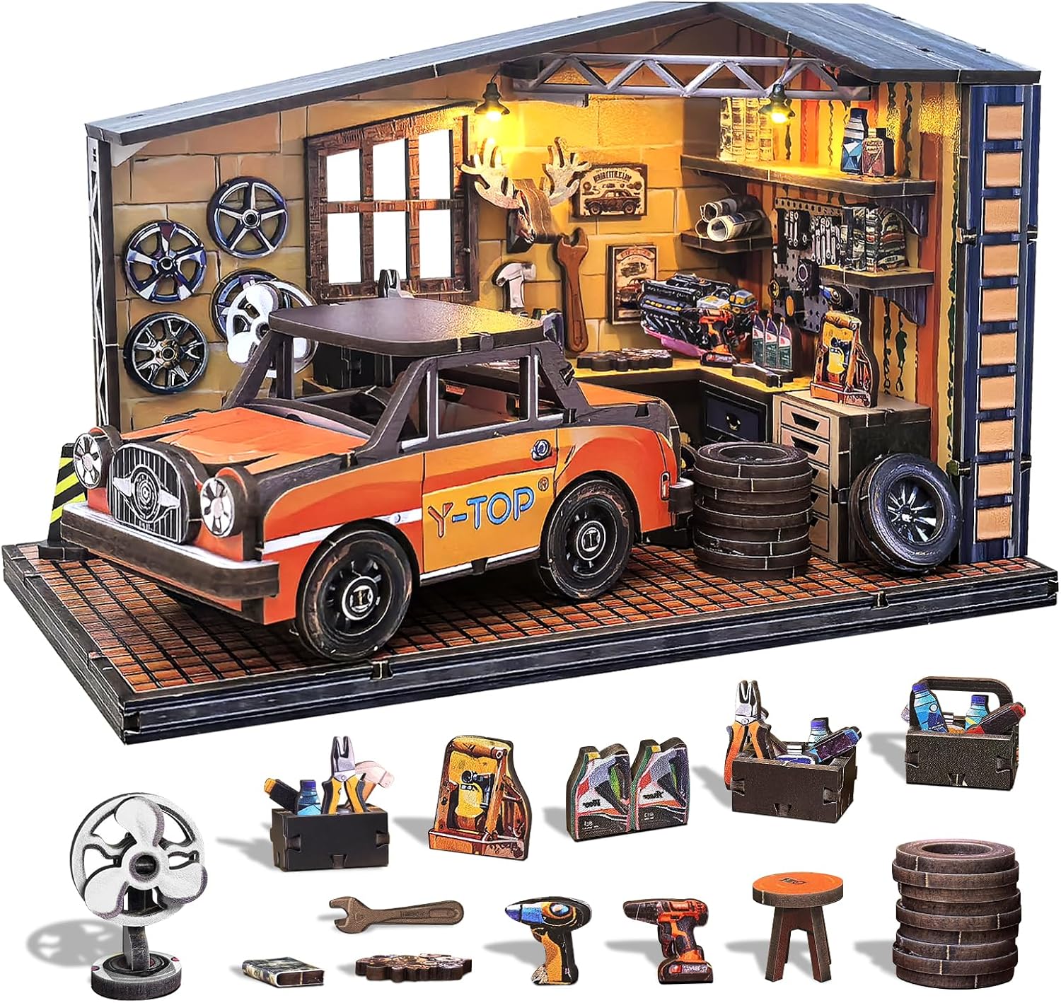 Book Nook Kit, DIY Miniature Dollhouse Booknook Kit for Adults and Teens, 3D Wooden Puzzle Bookshelf Crafts Kits with LED Light for Family and Friends (Car Depot)