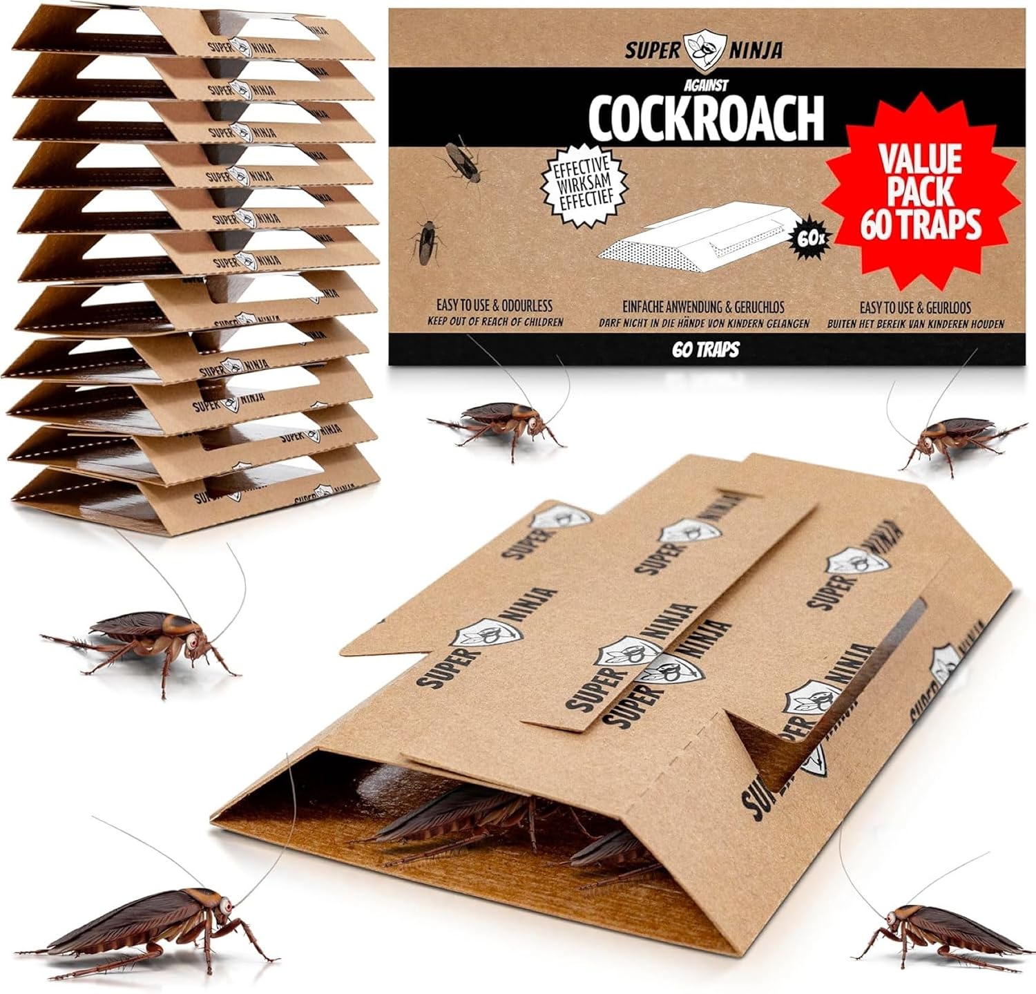 Super Ninja Cockroach Traps with Food Attractant Bait, 60 Traps