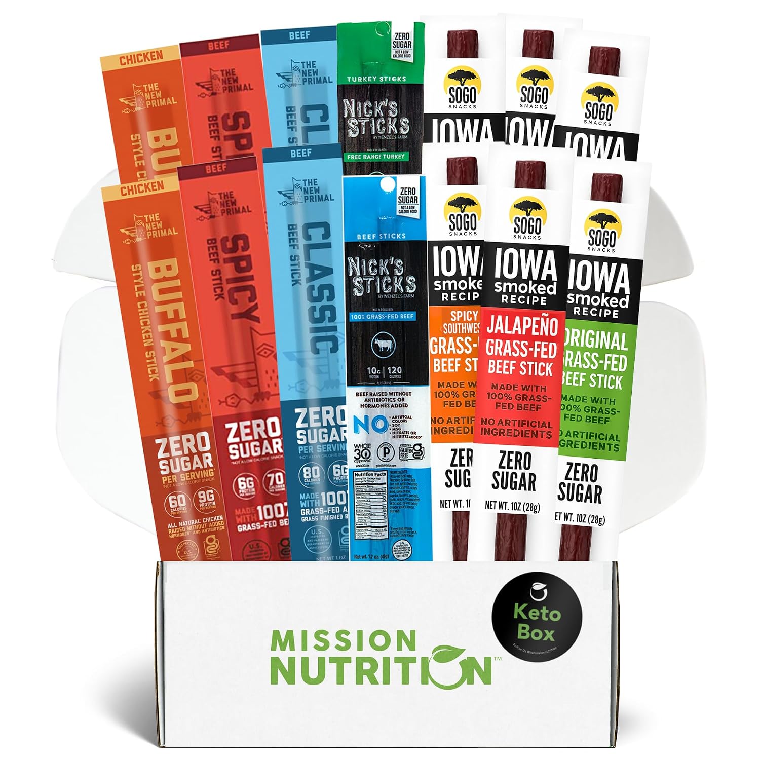 New Primal Meat Sticks, Nicks Sticks, Sogo Snacks Grass-Fed Beef Jerky – Snack Box – High Protein, Sugar-Free, Low Carb, Keto, Paleo, Gluten-Free – Variety Pack (14 Sticks)