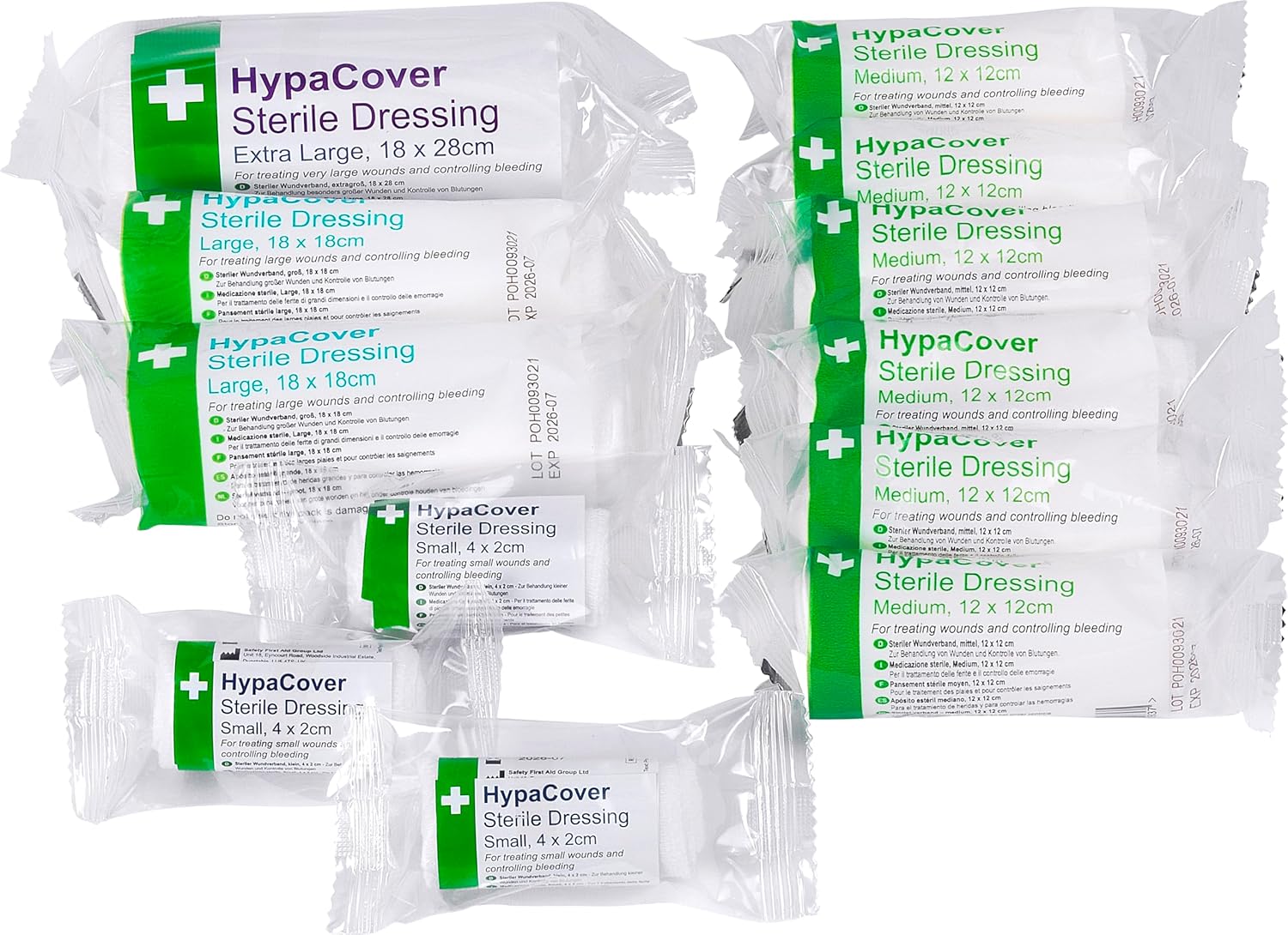 Safety First Aid Group HypaCover Sterile wound Dressings, Assorted Pack of 12 Bandages with Sterile Dressing Pad