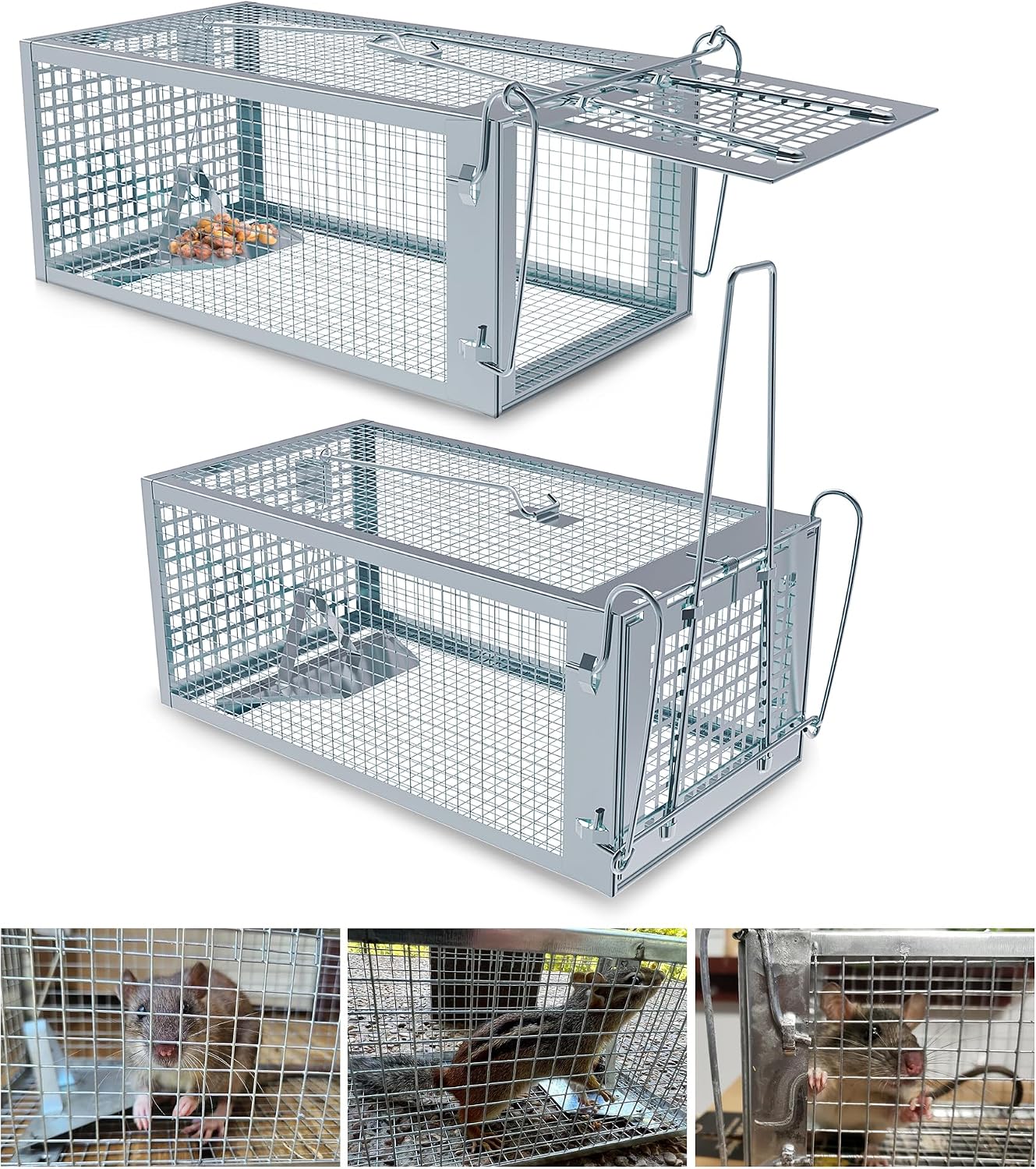 2 Packs Humane Rat Trap Outdoor, Wanqueen Humane Mouse Traps Indoor, Small Rodent Chipmunk Squirrel Trap and Other Live Animal Cage Catch and Release