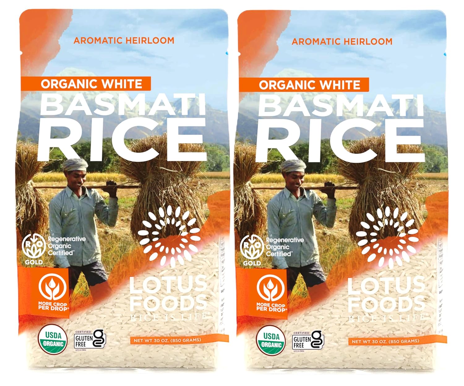 Lotus Foods Regenerative Organic White Basmati Rice - 30 Oz Bag (Pack of 2) | Gluten Free Long Grain White Rice, Vegan, Non GMO, Use for Curries, Stir Fries, Salad, and More