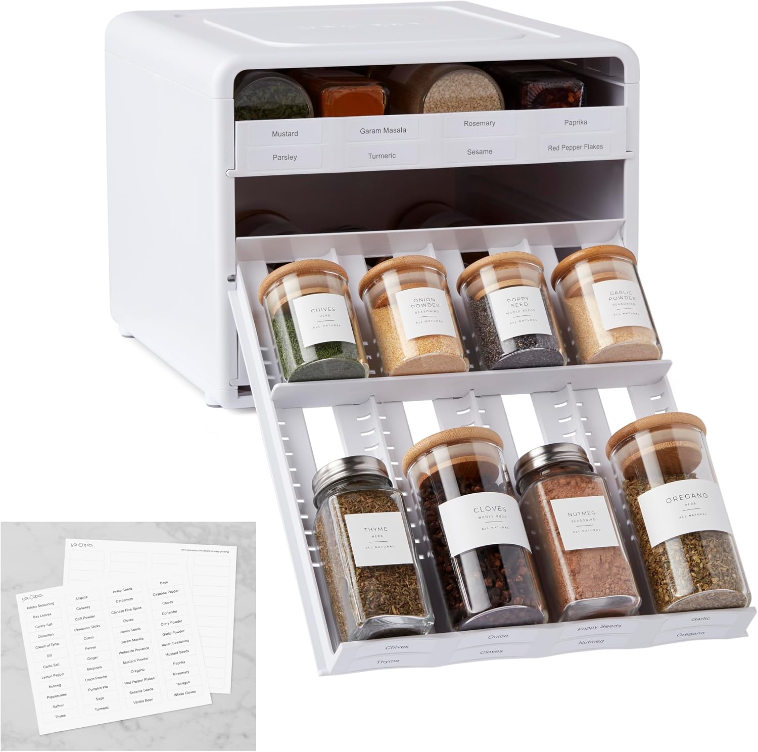 YouCopia SpiceStack Adjustable Spice Rack Organizer, Pull-Down 24-Bottle Seasonings and Spices Holder for Kitchen Cabinet and Pantry Organization with 104 Included Labels