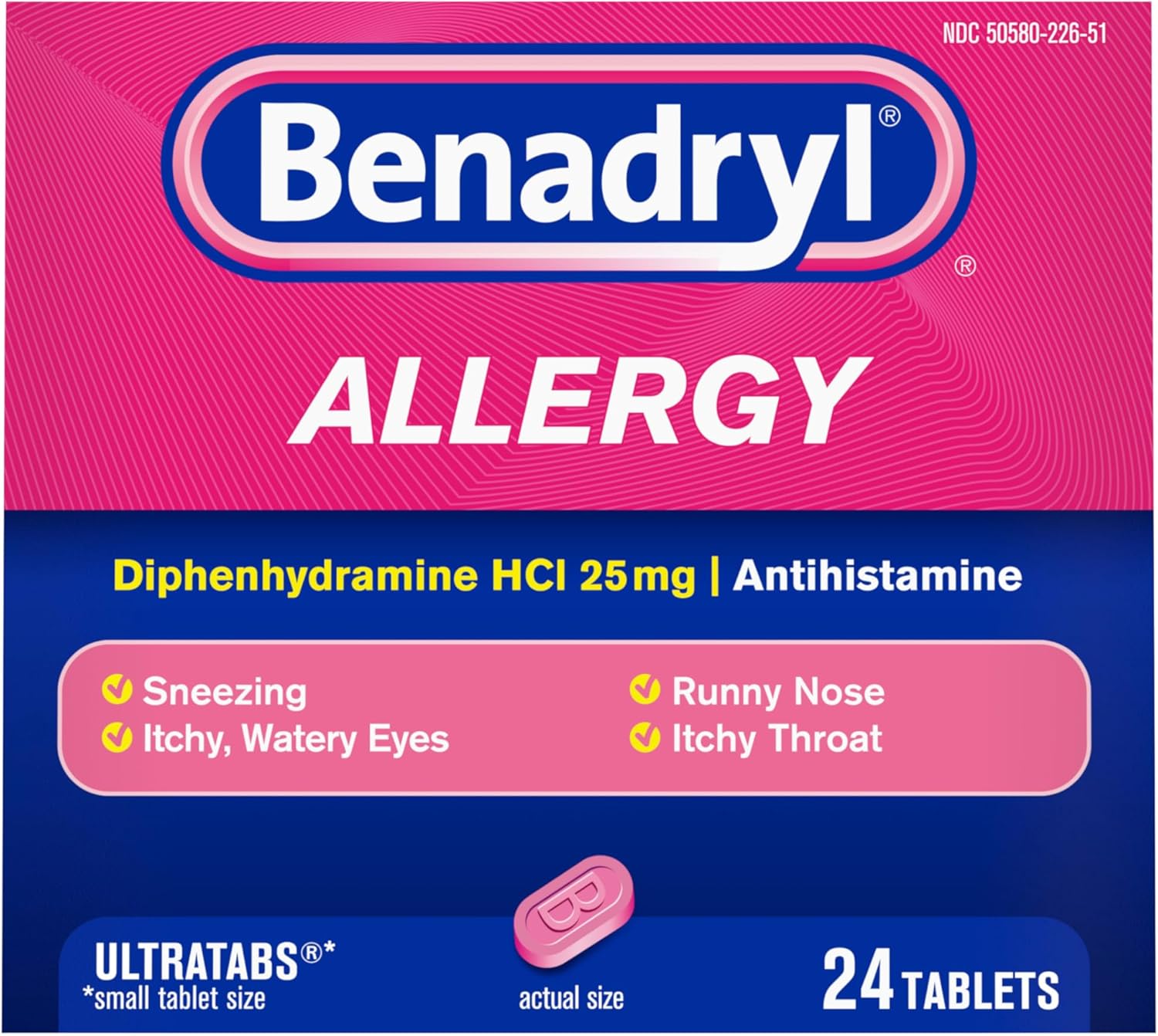 Benadryl Ultratabs Allergy Relief Medicine, 25 mg Diphenhydramine HCl Antihistamine Tablets For Relief of Cold & Allergy Symptoms Like Sneezing, Runny Nose, & Itchy Eyes & Throat, 24 ct