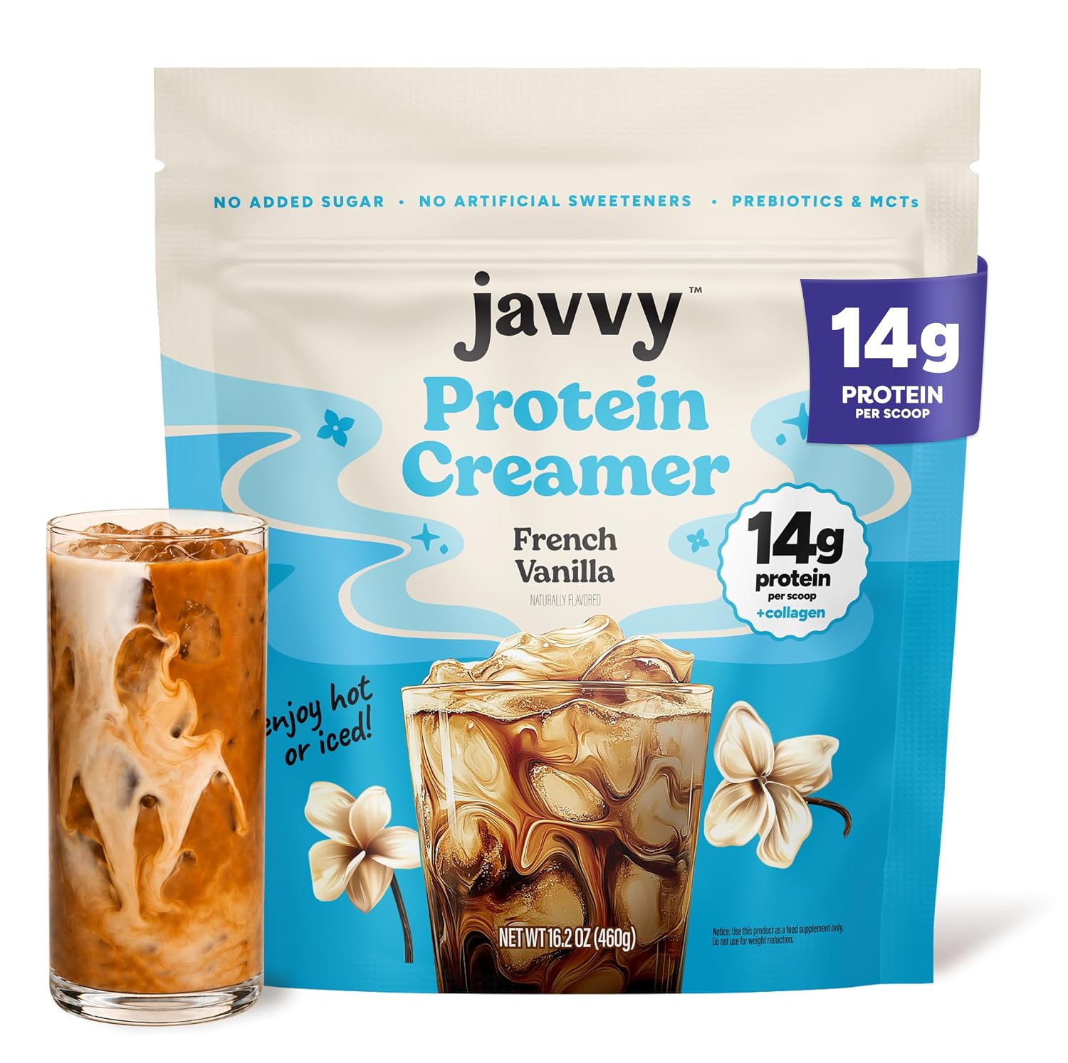 Javvy Protein Coffee Creamer, French Vanilla, Dairy-Based | 14g Collagen & Protein Blend per Scoop, No Sugar Added, No Artificial Sweeteners, Prebiotics & MCTs, Real Cream, 20 Servings