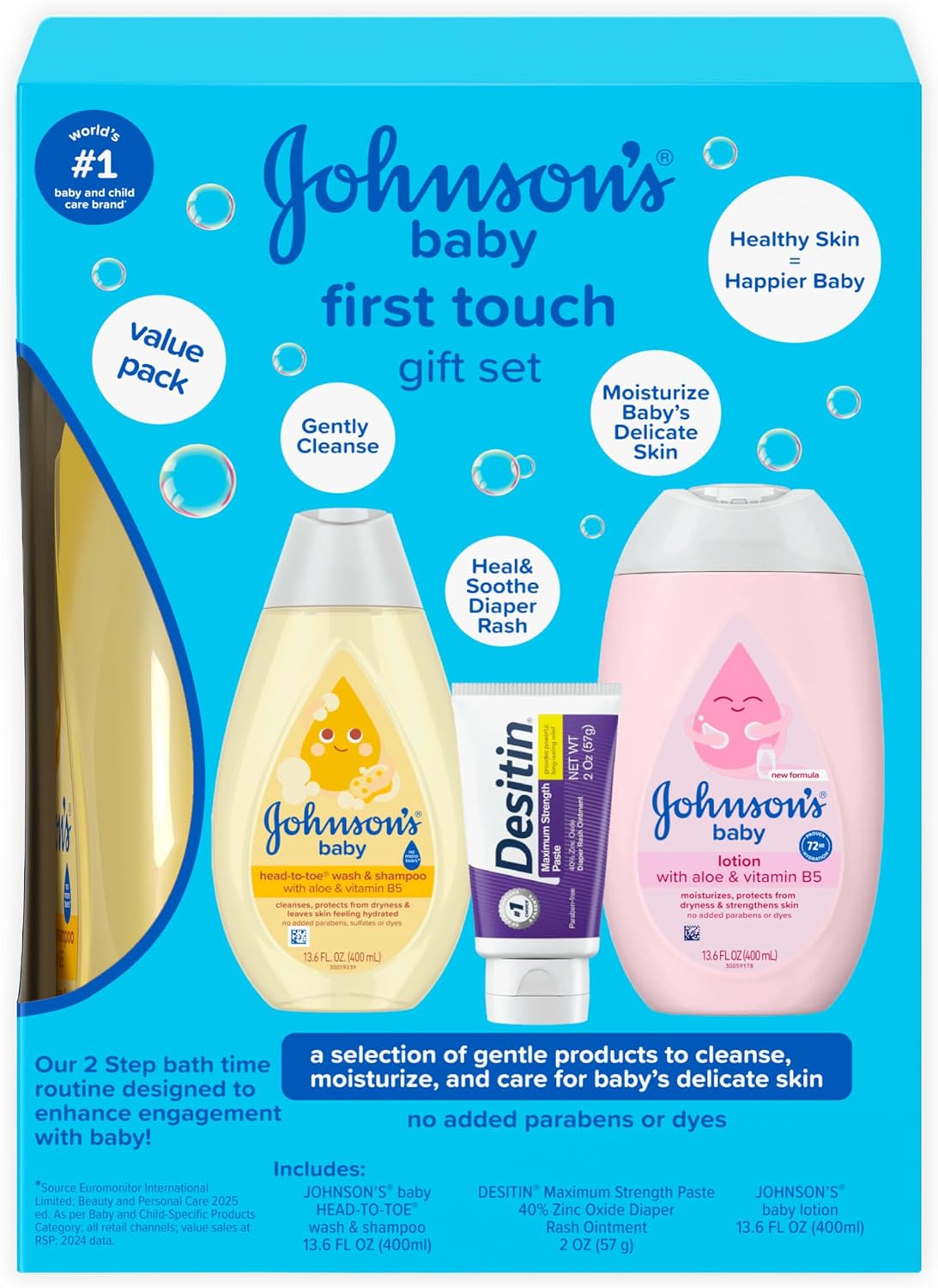 Johnson's Baby First Touch Gift Set, 3 Items | Baby Wash & Shampoo, Baby Lotion, Zinc Oxide Diaper Rash Paste, Hypoallergenic, No Added Parabens Or Dyes