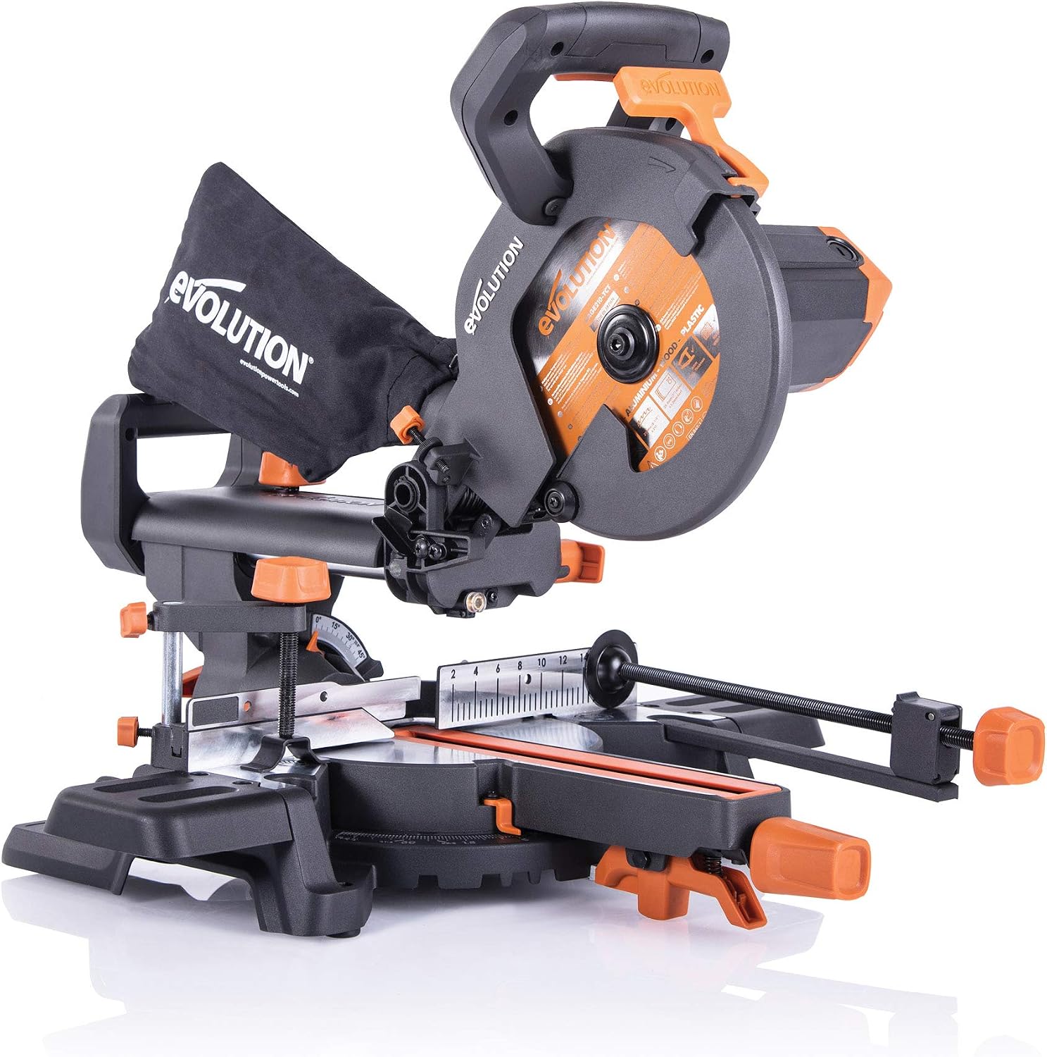 Evolution Power Tools R210SMS+ Sliding Mitre Saw With Multi-Material Cutting, Cuts Wood, Metal, Plastic & More, 45° Bevel, 50° Mitre, 230mm Slide, 1500 W (230 V)
